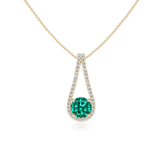 lab grown emerald round solitaire v-bale necklaces in yellow gold