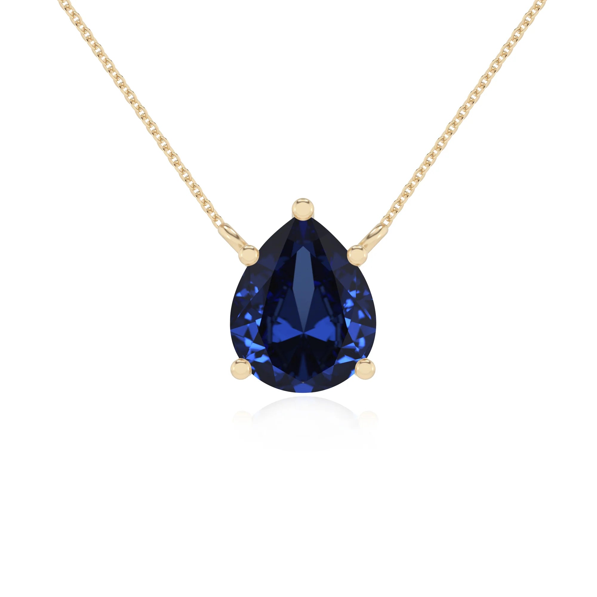lab grown blue-sapphire pear solitaire necklaces in yellow gold