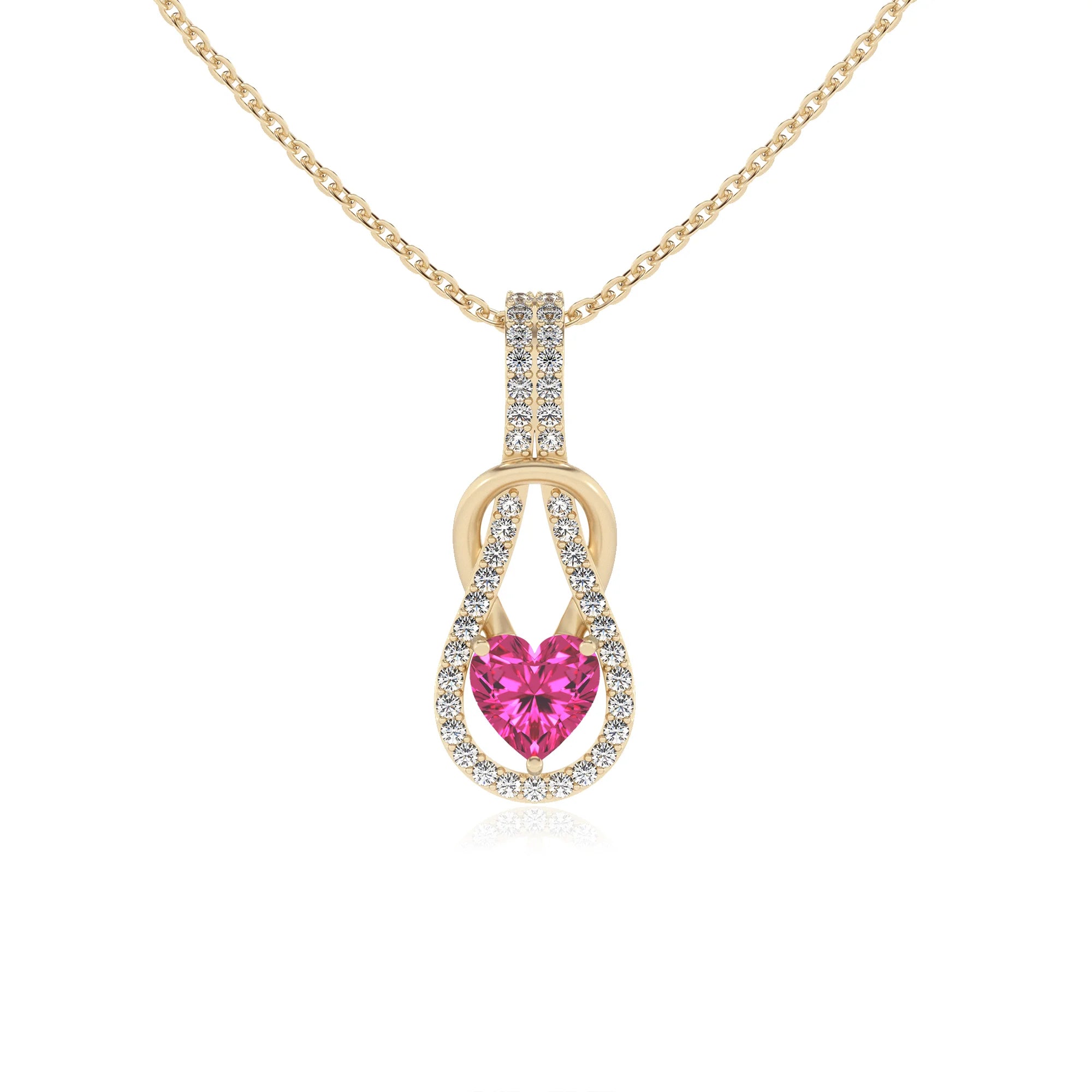 lab grown pink-sapphire heart infinity v-bale necklaces in yellow gold