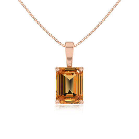 lab grown citrine emerald cut solitaire necklaces in rose gold