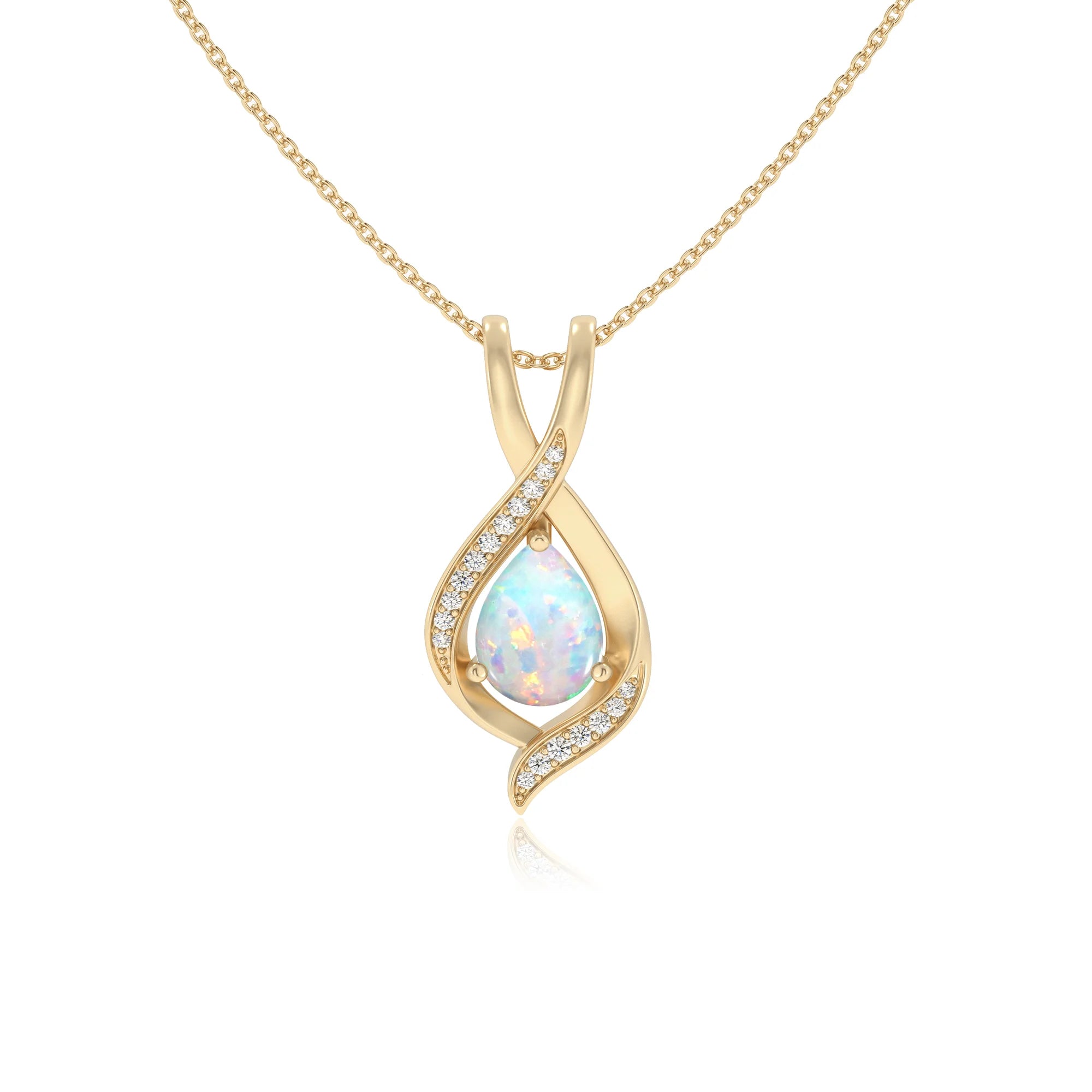 lab grown opal pear solitaire necklaces in yellow gold