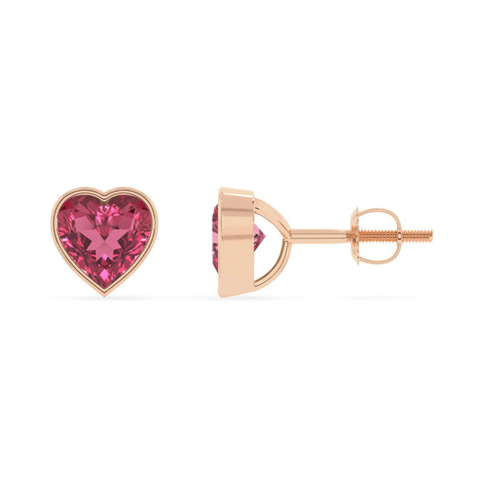 lab grown pink tourmaline heart stud earrings in rose gold