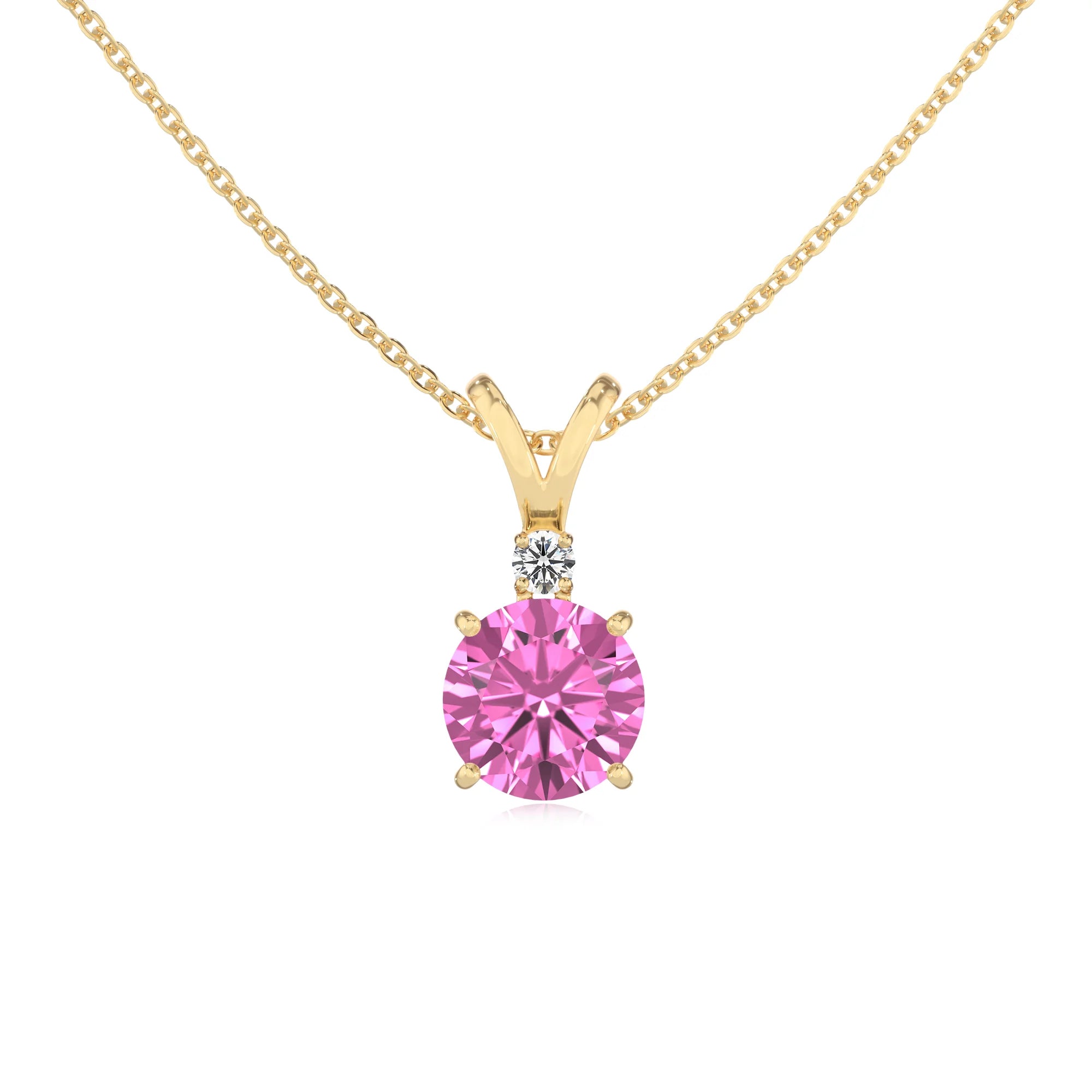 lab grown pink-sapphire round solitaire v-bale necklaces in yellow gold