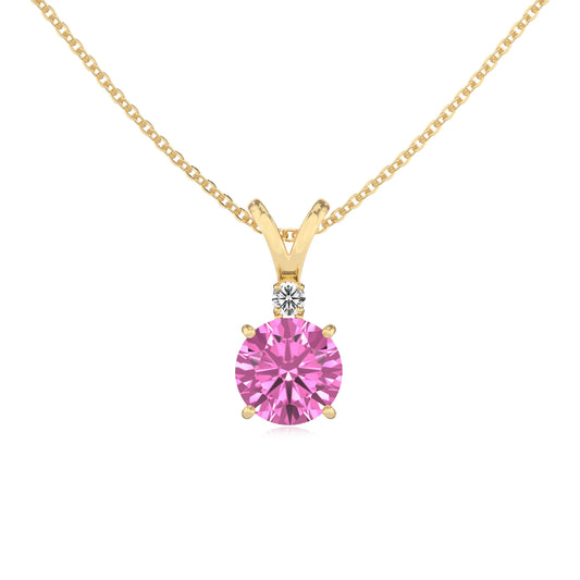 lab grown pink-sapphire round solitaire v-bale necklaces in yellow gold