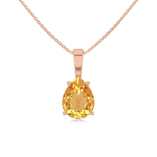 lab grown citrine pear solitaire necklaces in rose gold