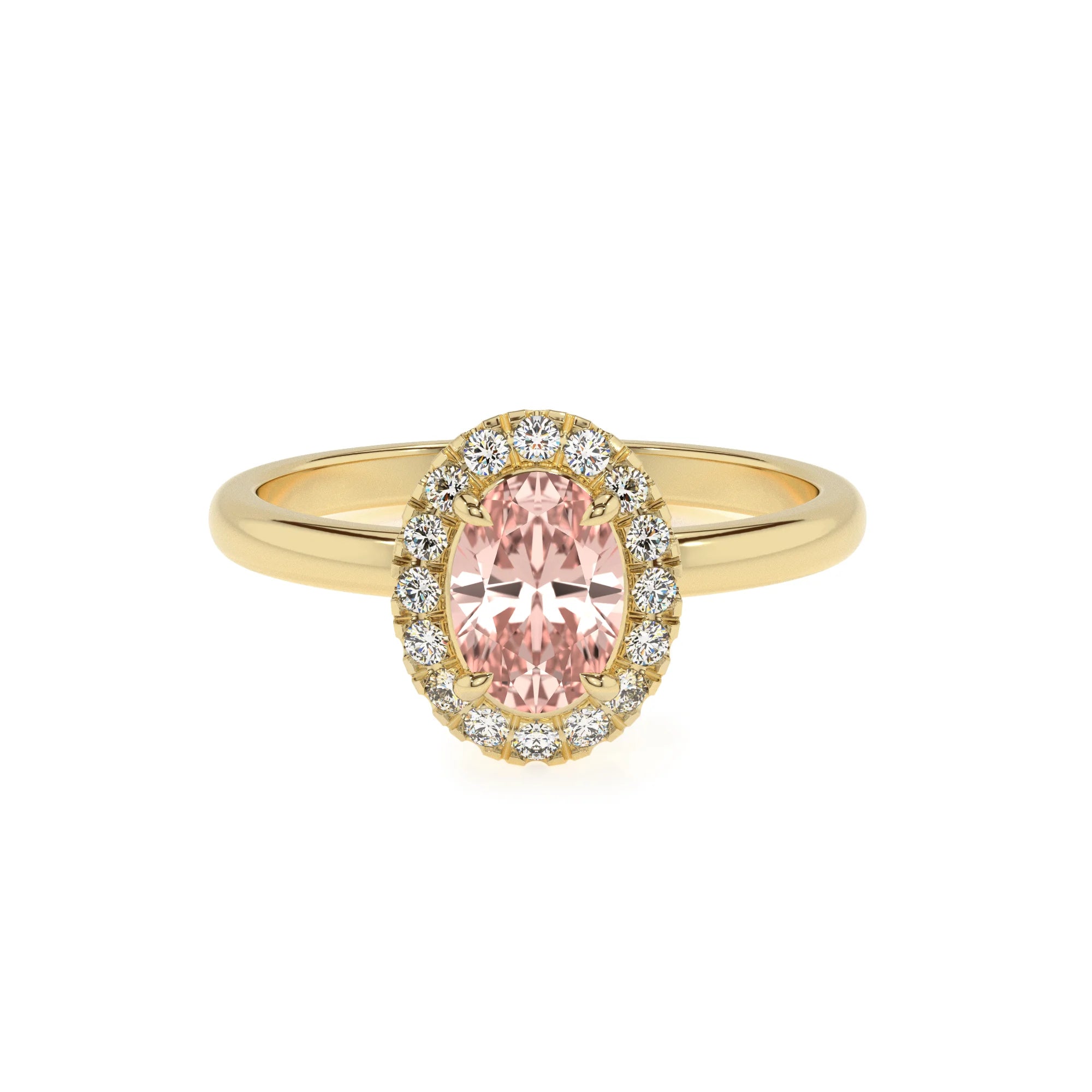 lab grown morganite oval solitaire rings in yellow gold
