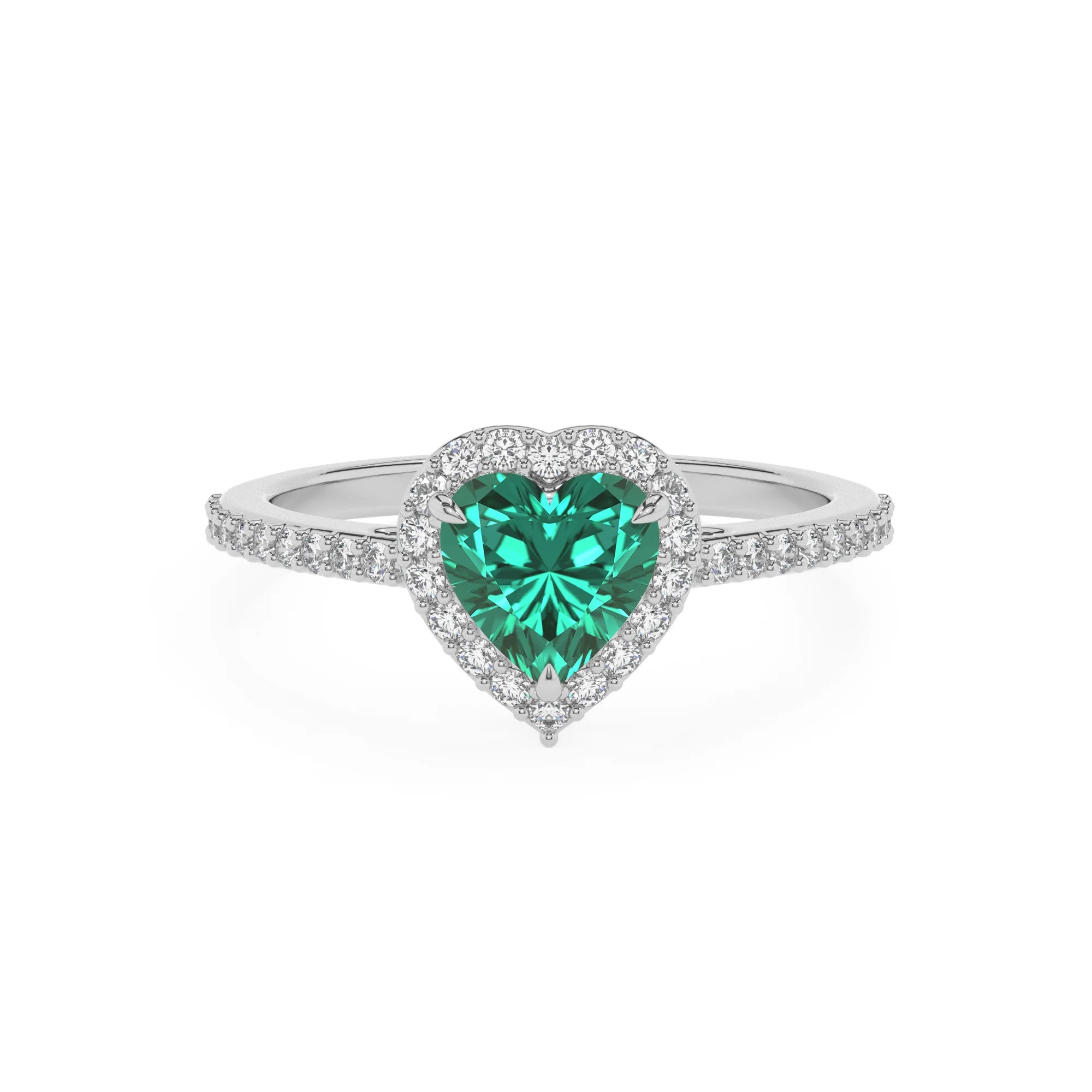 lab grown emerald heart solitaire rings in sterling silver