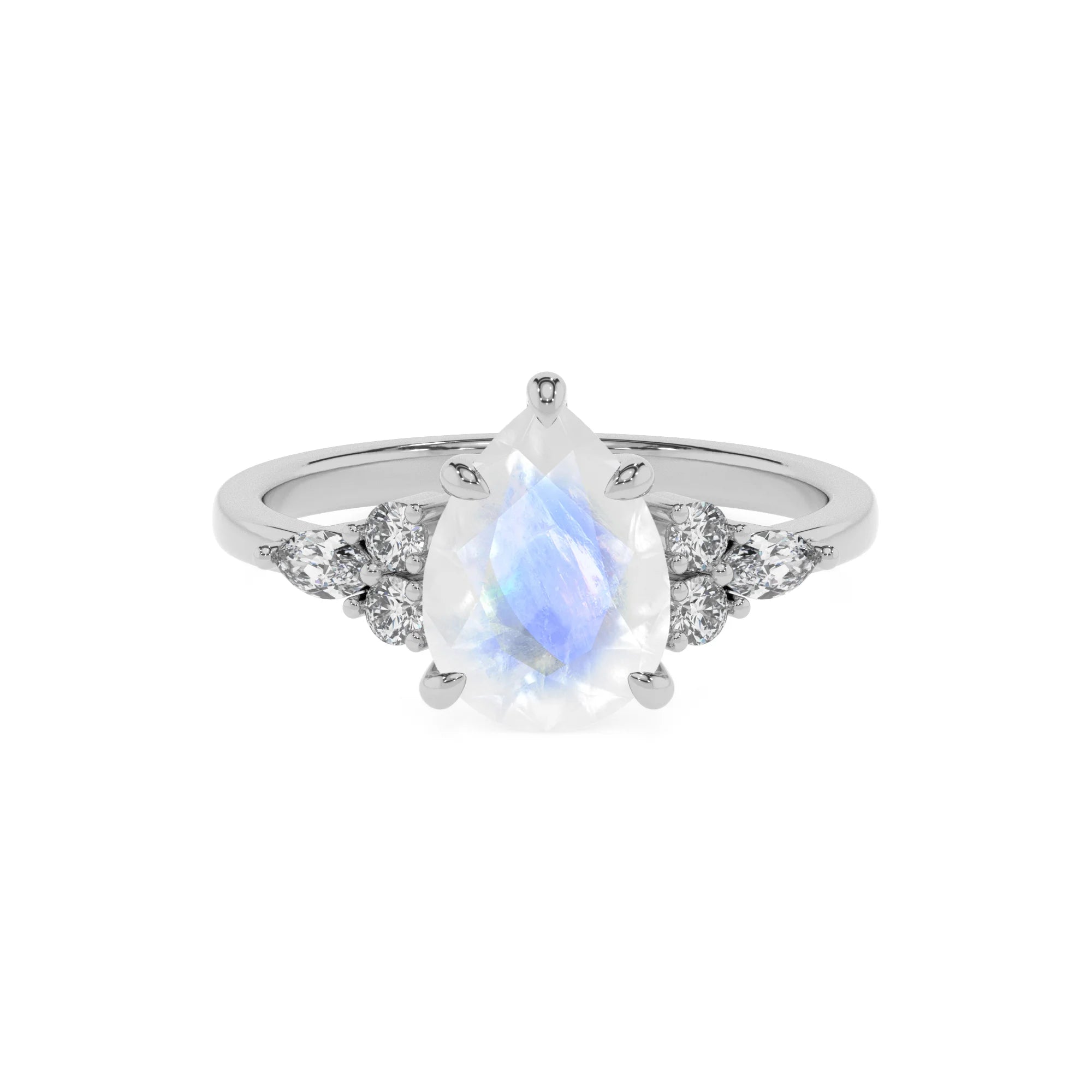 natural rainbow-moonstone pear solitaire rings in sterling silver