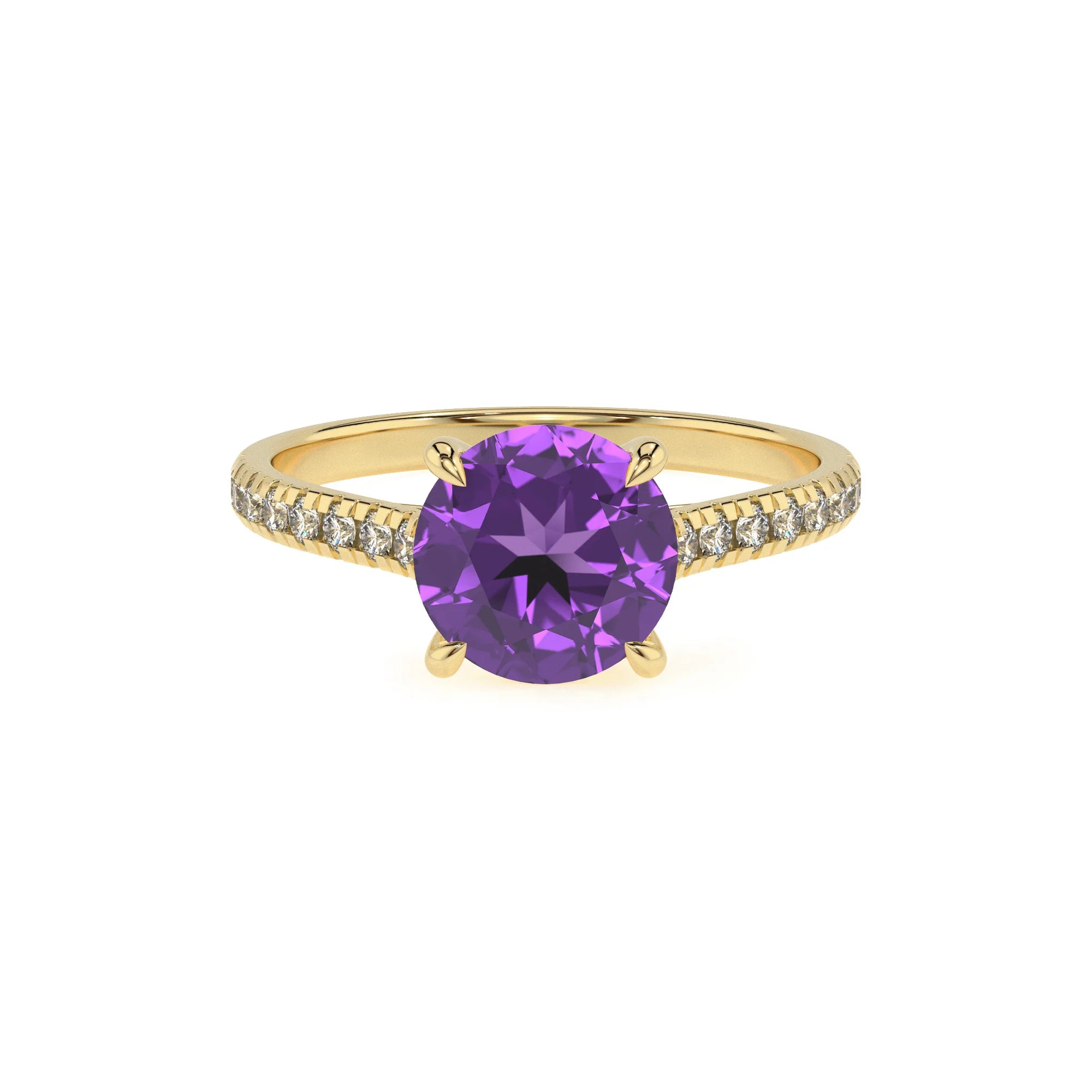 lab grown amethyst round half eternity solitaire engagement rings in yellow gold
