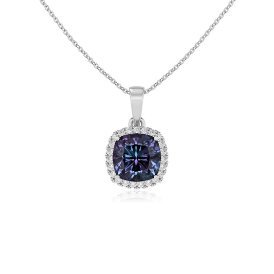 lab grown alexandrite cushion solitaire necklaces in platinum
