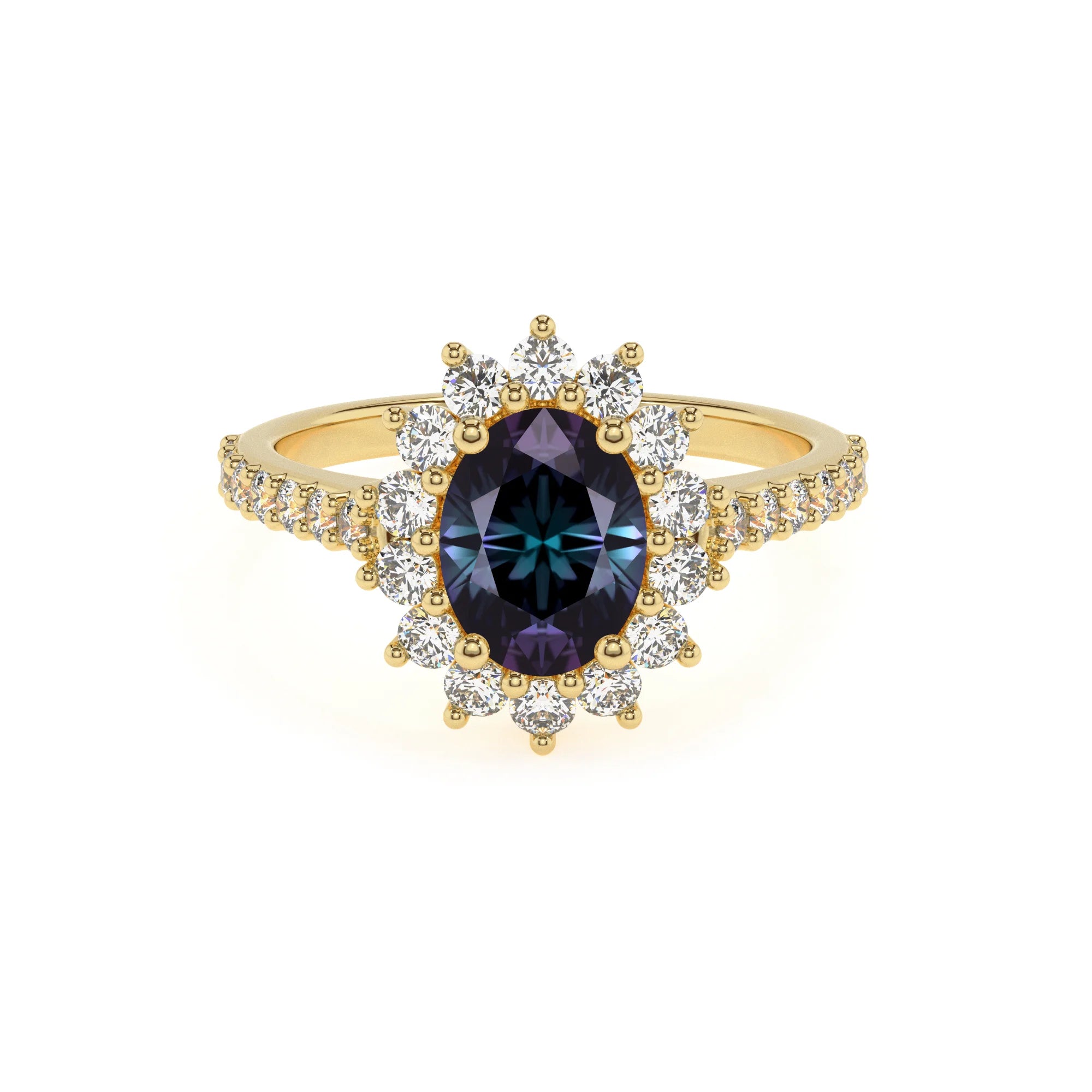 lab grown alexandrite oval solitaire rings in yellow gold