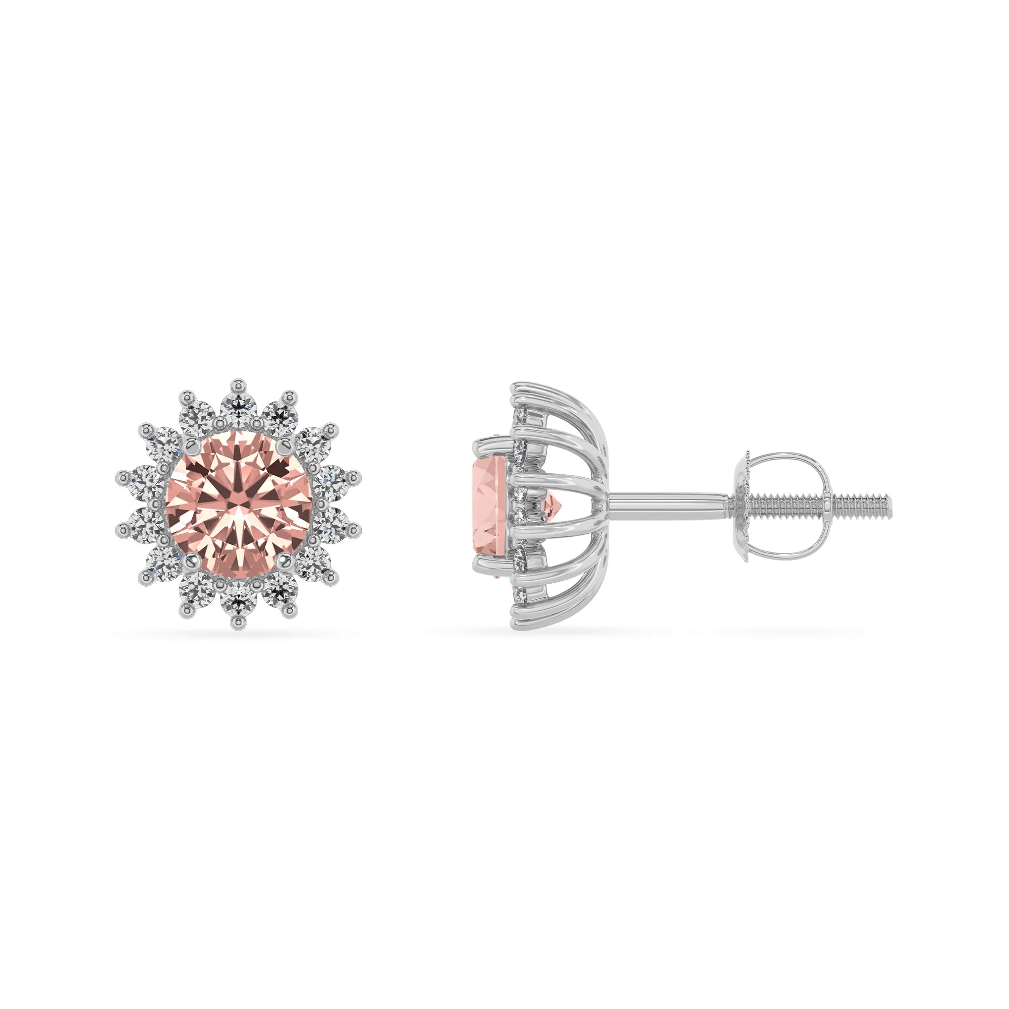 lab grown morganite round stud earrings in white gold
