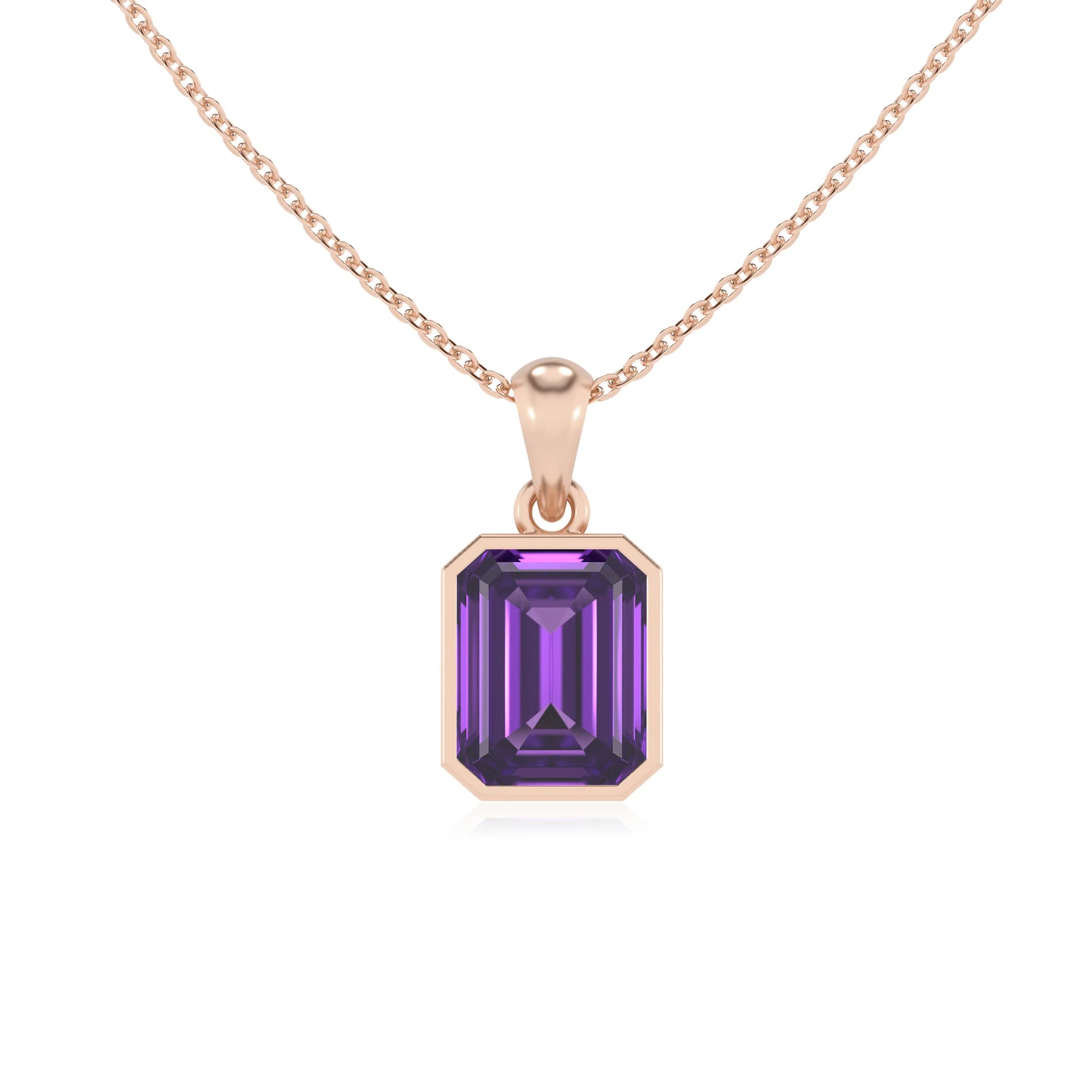 lab grown amethyst emerald cut solitaire necklaces in rose gold