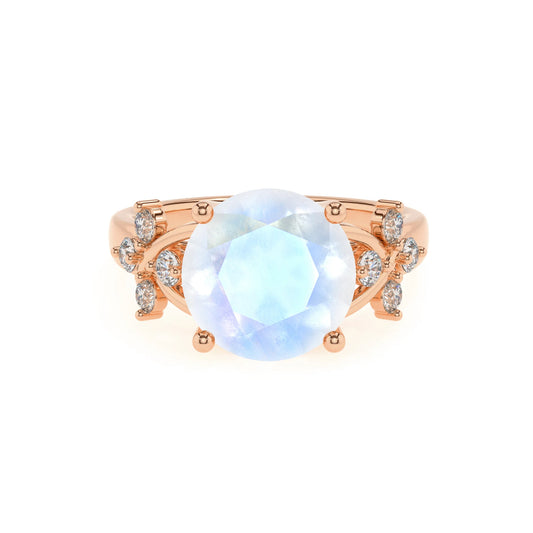 natural rainbow-moonstone round solitaire rings in rose gold