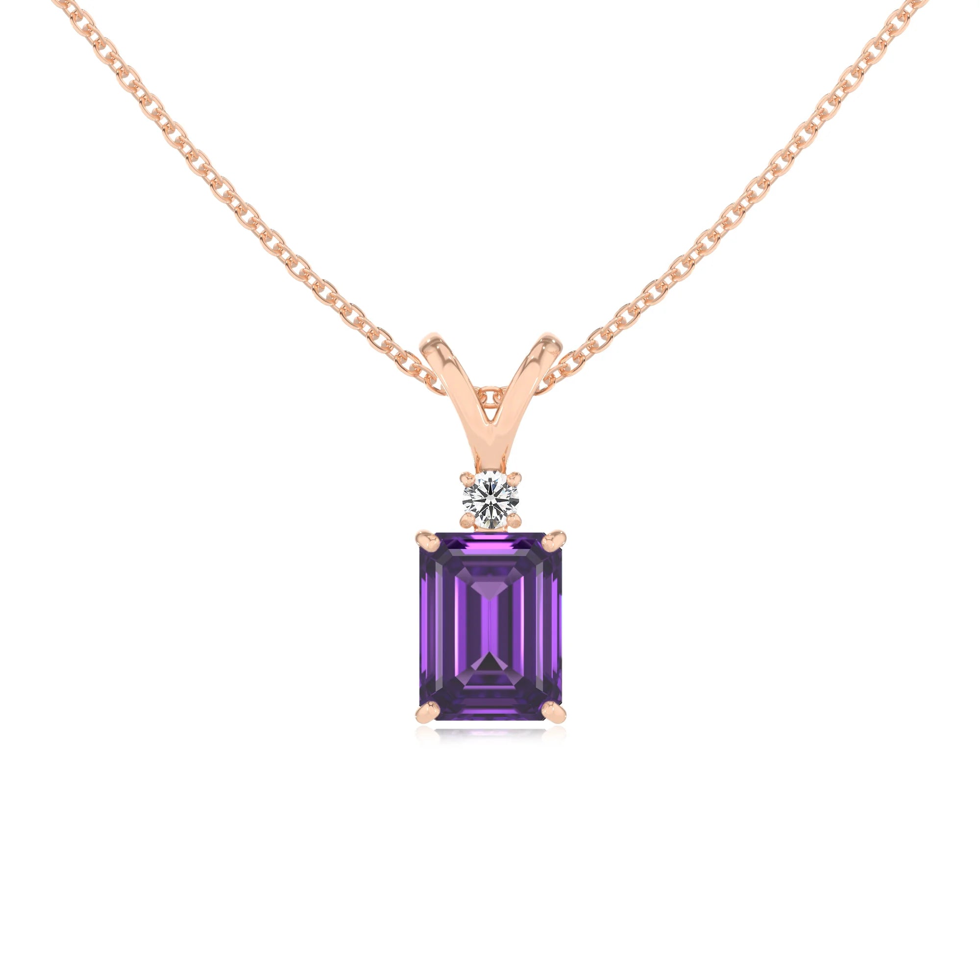 lab grown amethyst emerald cut solitaire v-bale necklaces in rose gold