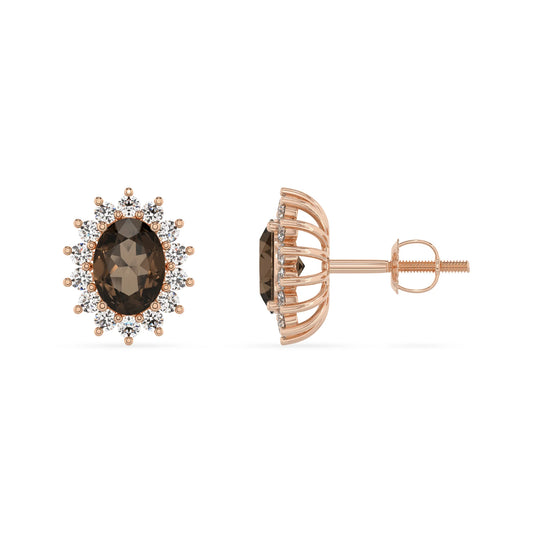 natural smoky quartz oval stud earrings in rose gold