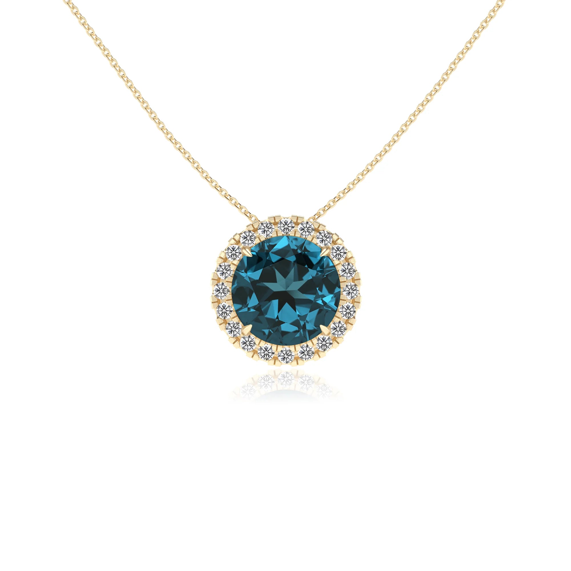 natural london blue topaz round solitaire necklaces in yellow gold