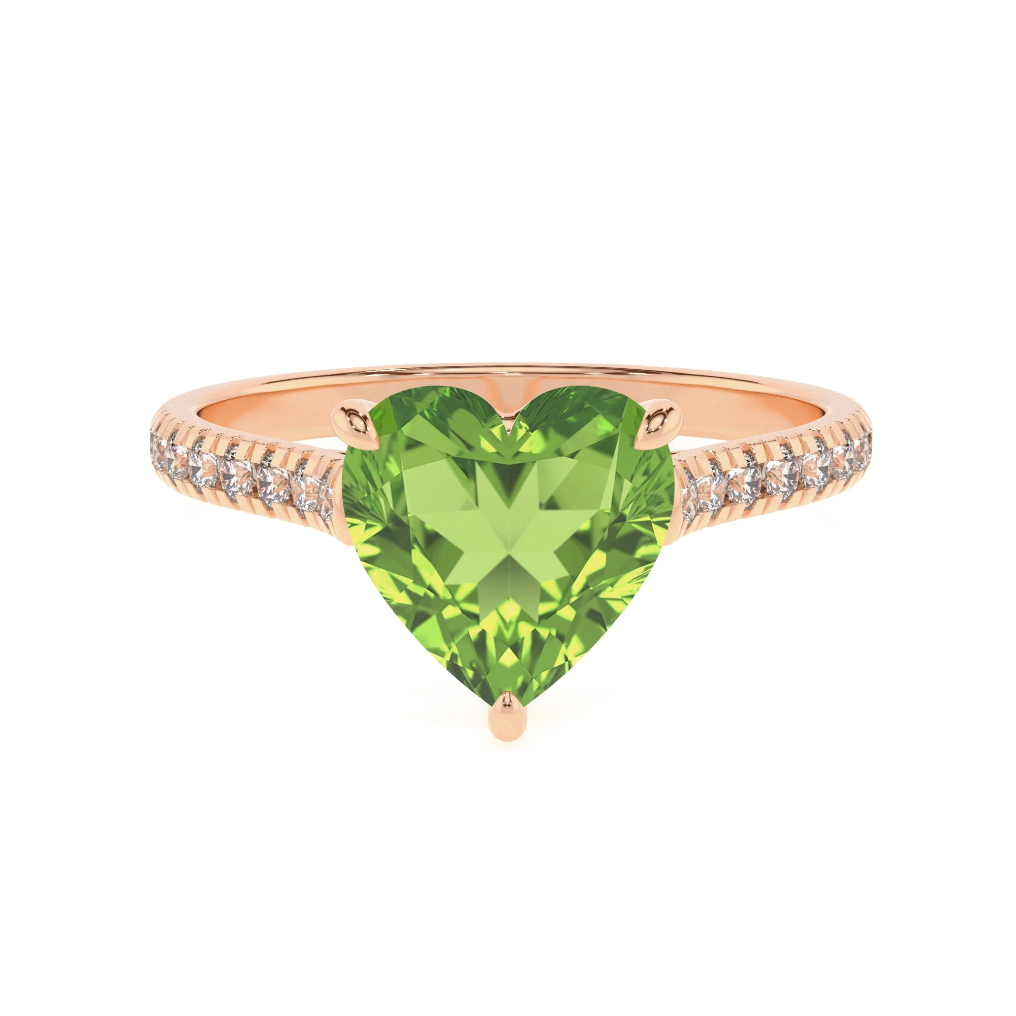 natural peridot heart half eternity solitaire engagement rings in rose gold