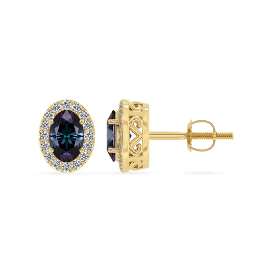 lab grown alexandrite oval stud earrings in yellow gold