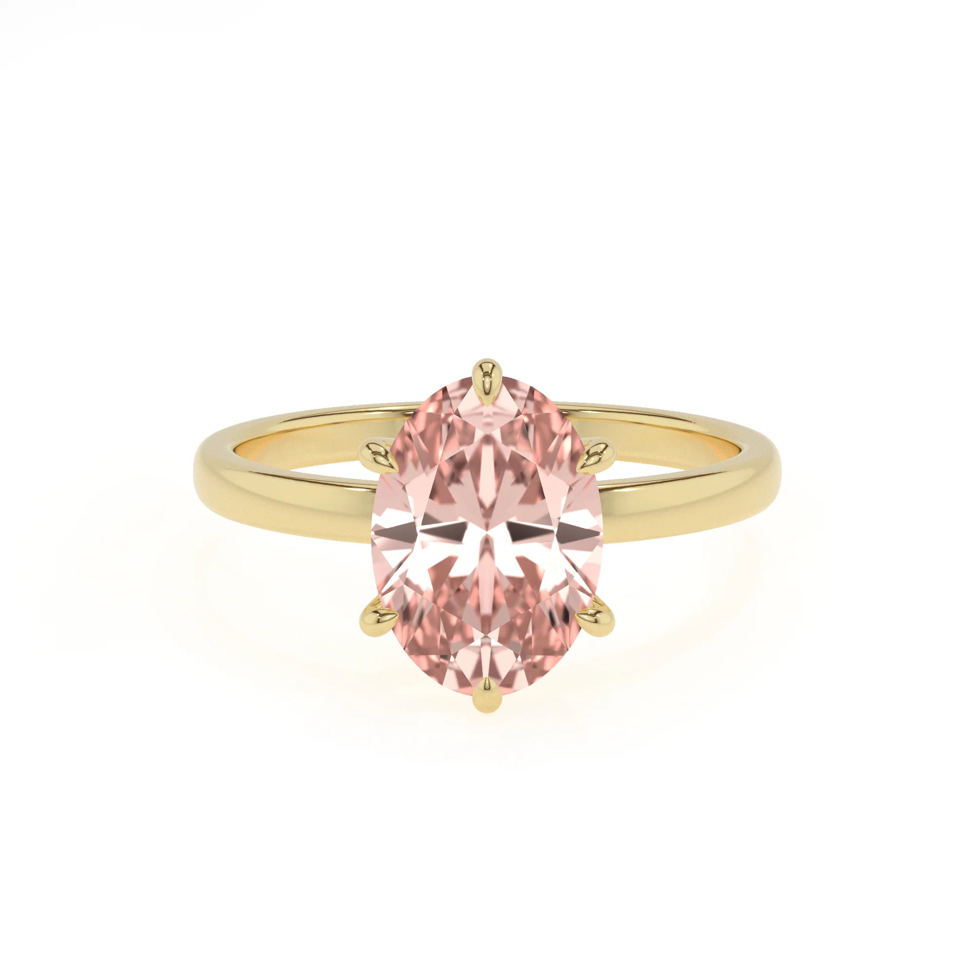 lab grown morganite oval solitaire rings in yellow gold