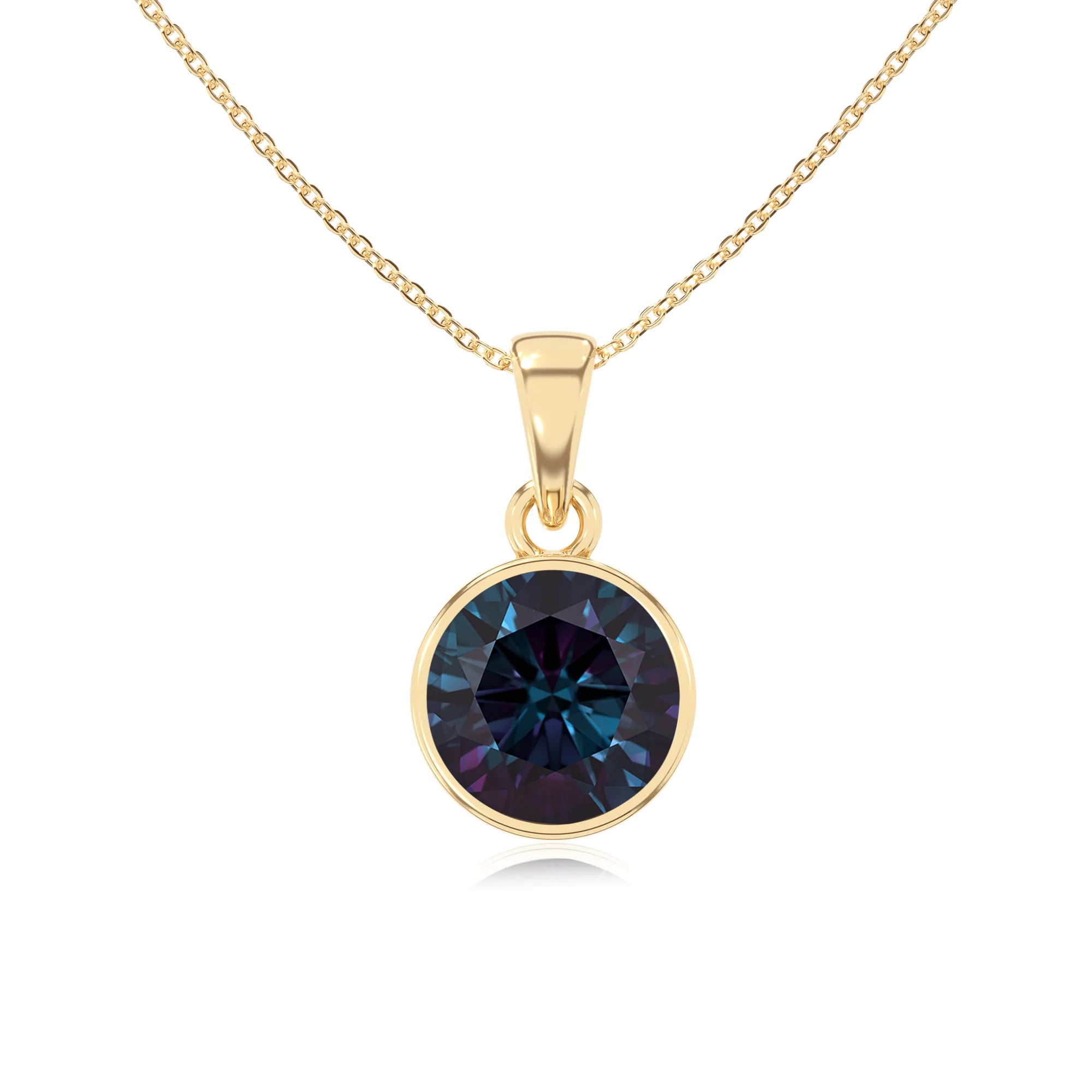 lab grown alexandrite round solitaire necklaces in yellow gold
