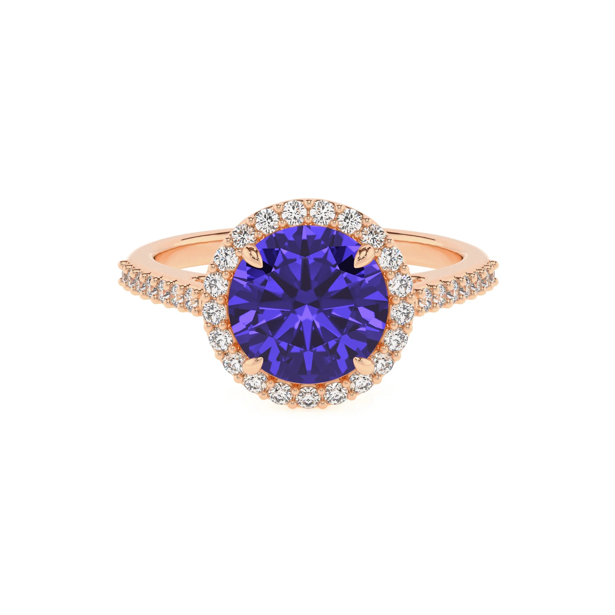 lab grown tanzanite round solitaire rings in rose gold