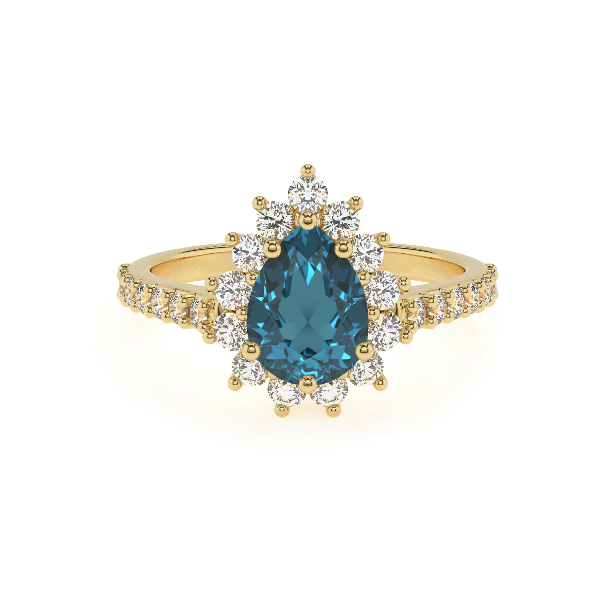 natural london-blue-topaz pear solitaire rings in yellow gold