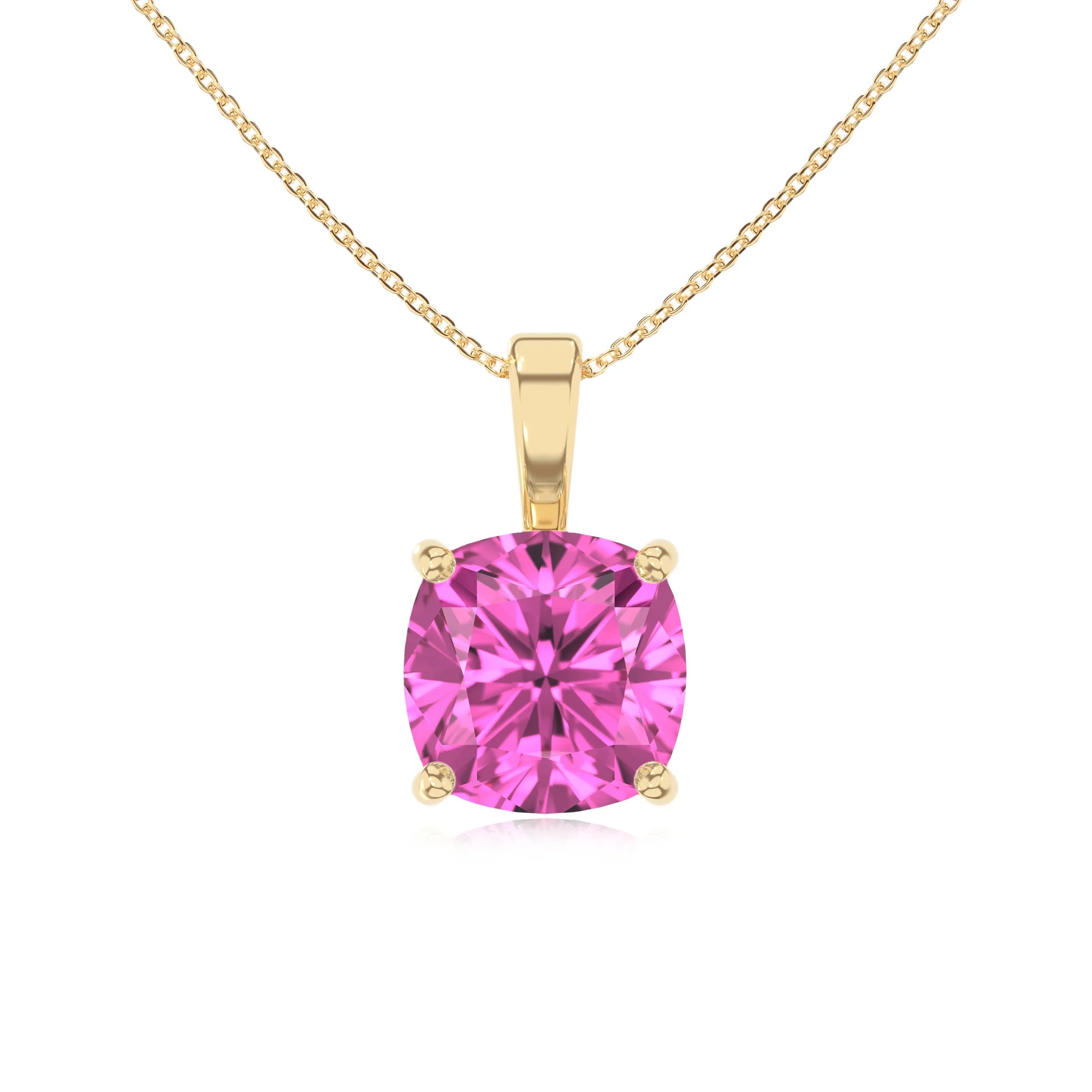 lab grown pink-sapphire cushion solitaire necklaces in yellow gold