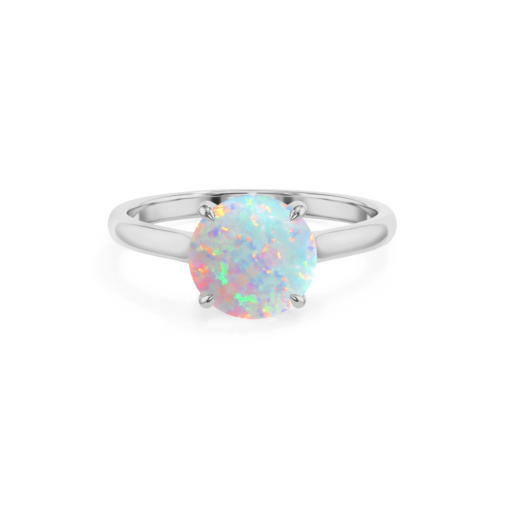 lab grown opal round solitaire rings in sterling silver