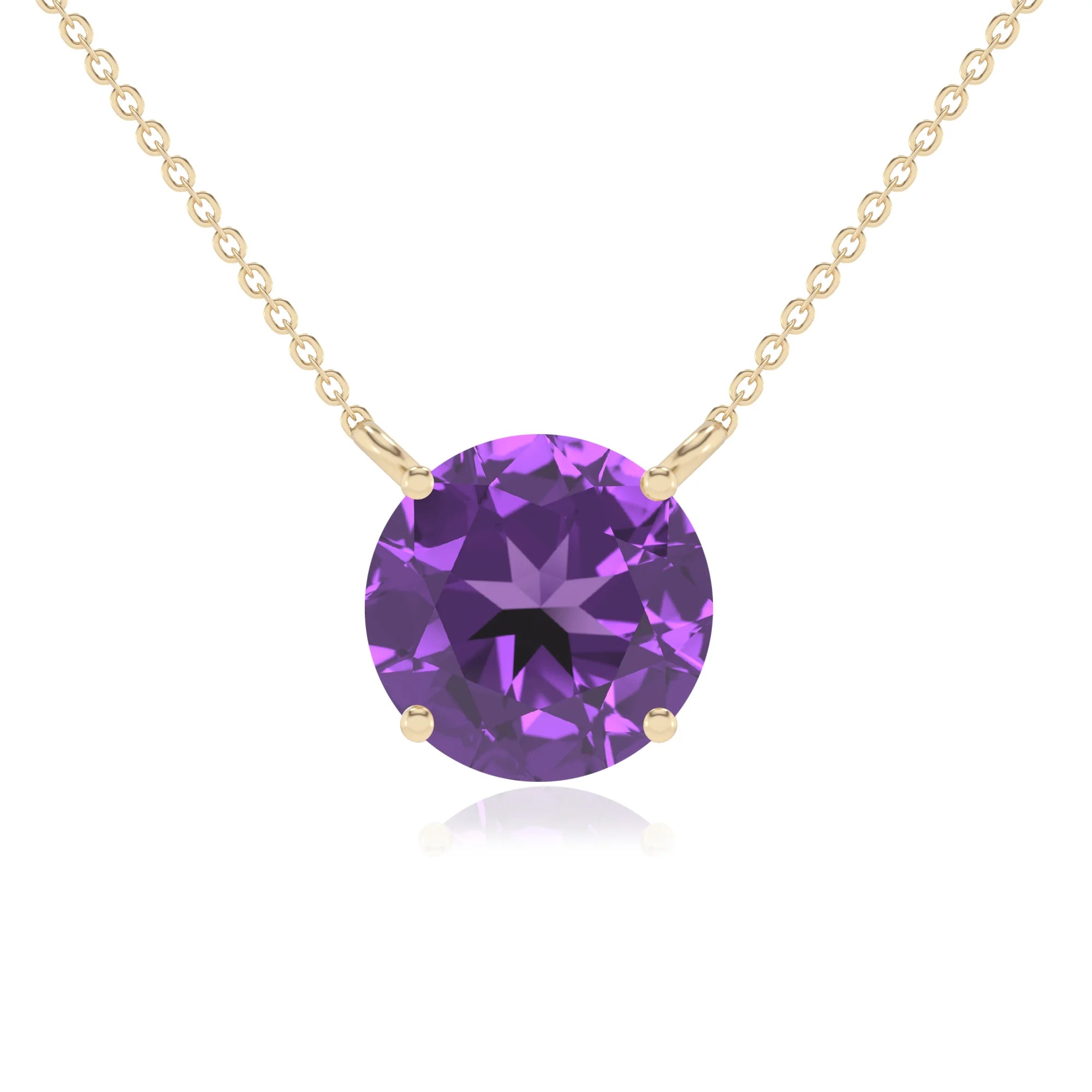 lab grown amethyst round solitaire necklaces in yellow gold
