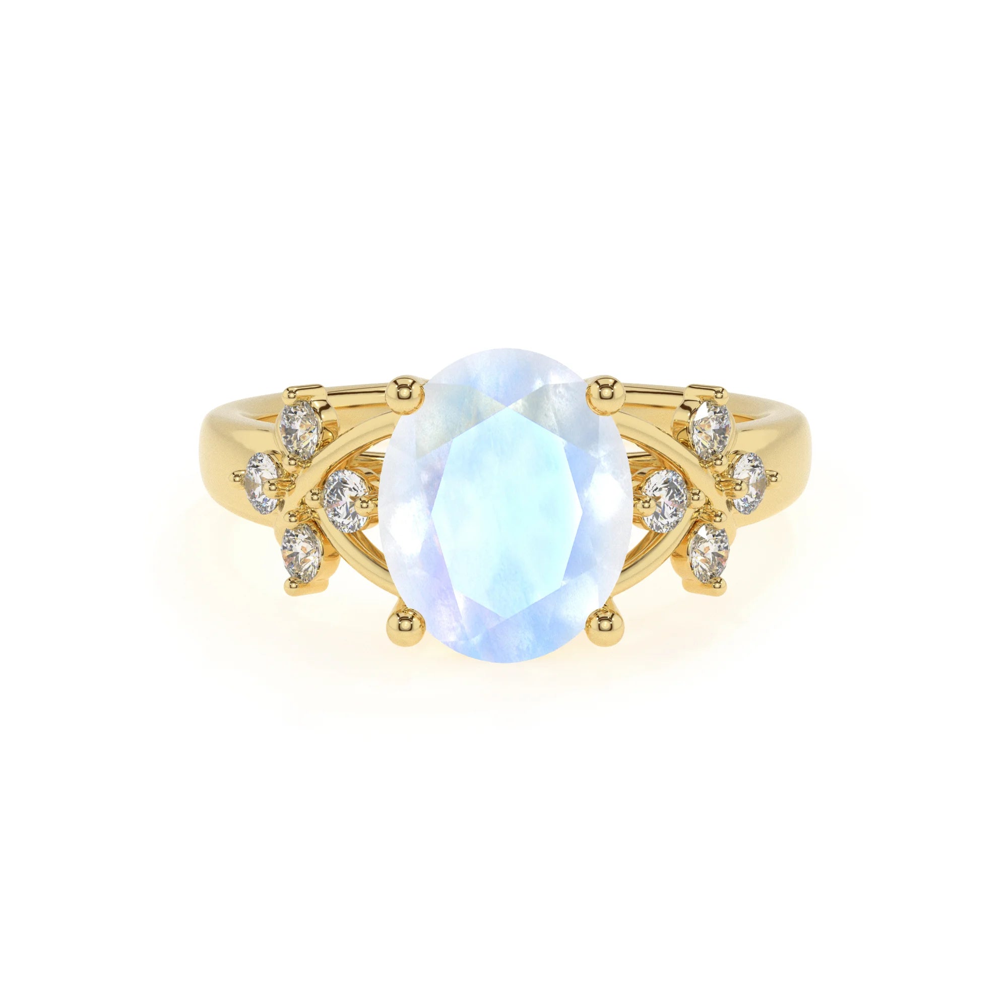 natural rainbow-moonstone oval solitaire rings in yellow gold