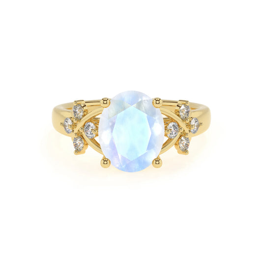 natural rainbow-moonstone oval solitaire rings in yellow gold