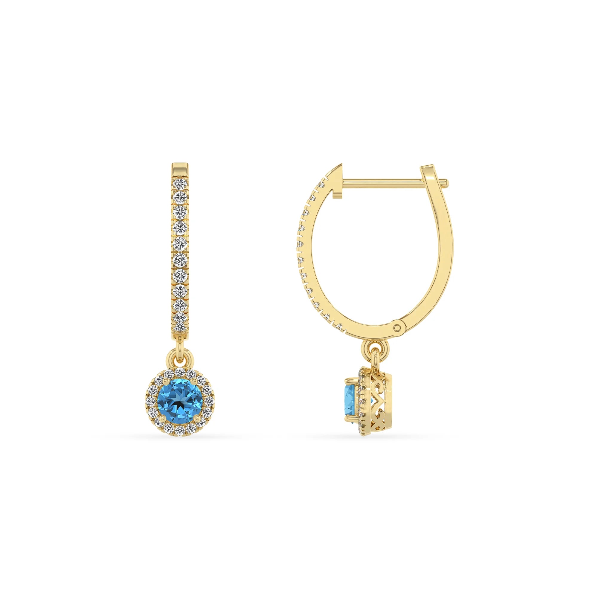 natural swiss blue topaz round drop earrings in yellow gold