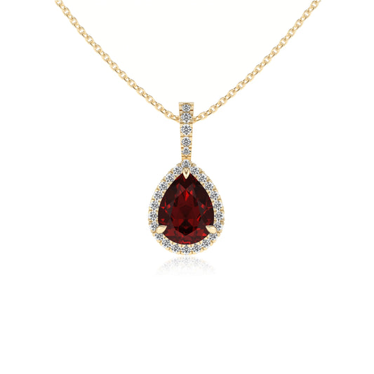 natural garnet pear solitaire necklaces in yellow gold