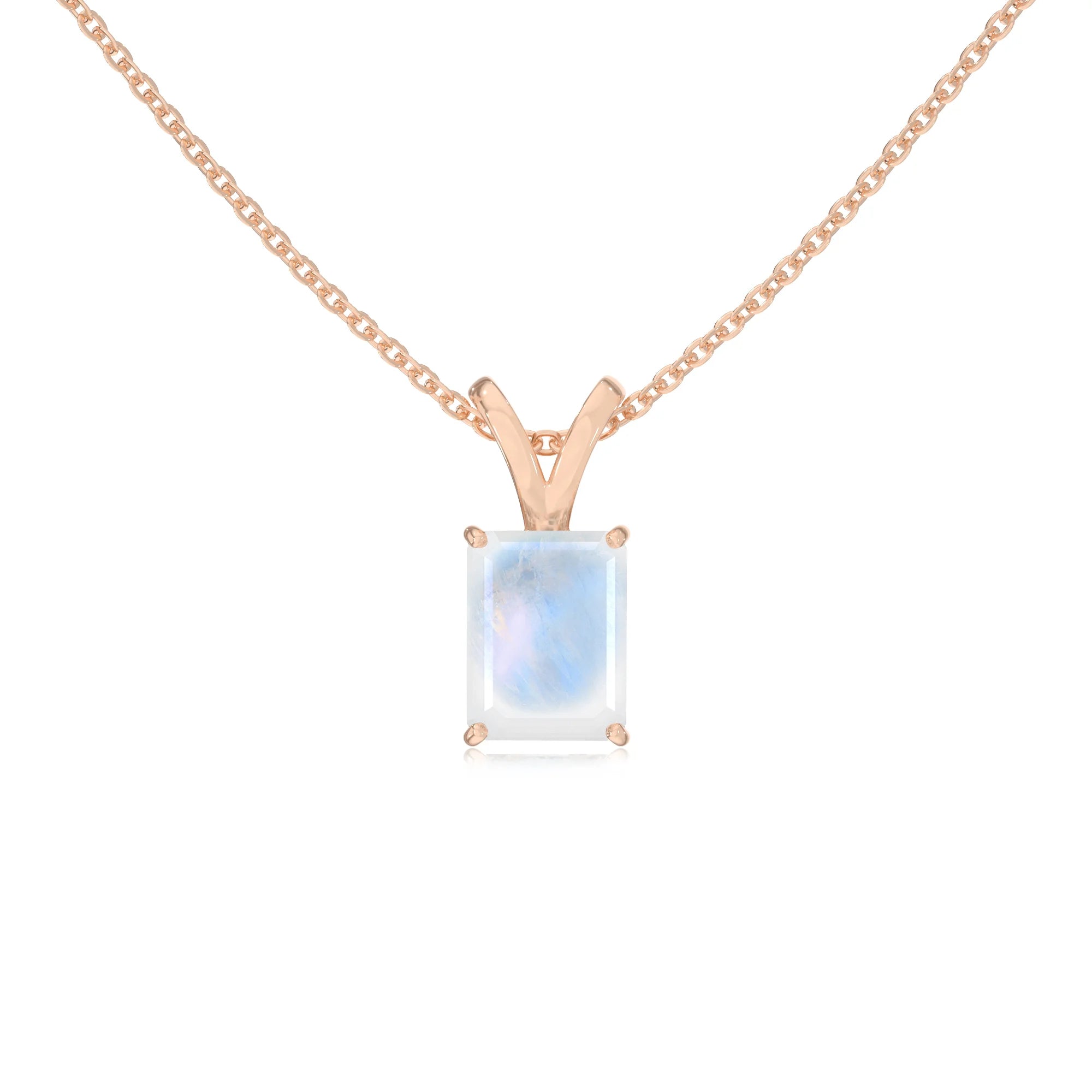 natural rainbow-moonstone emerald cut solitaire v-bale necklaces in rose gold