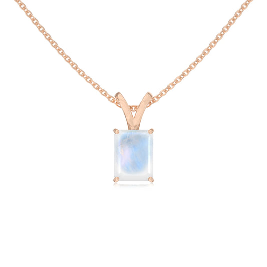 natural rainbow-moonstone emerald cut solitaire v-bale necklaces in rose gold