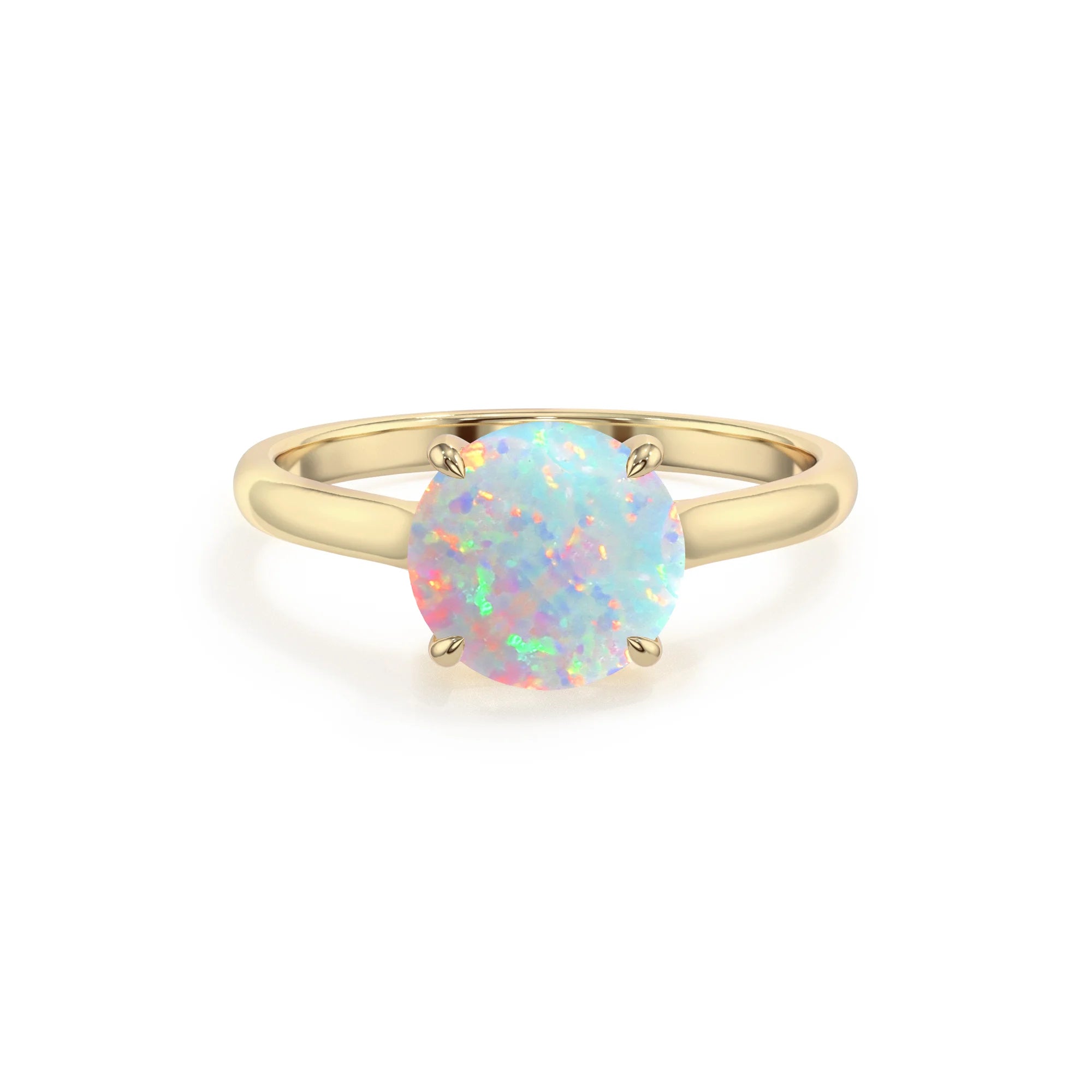 lab grown opal round solitaire rings in yellow gold