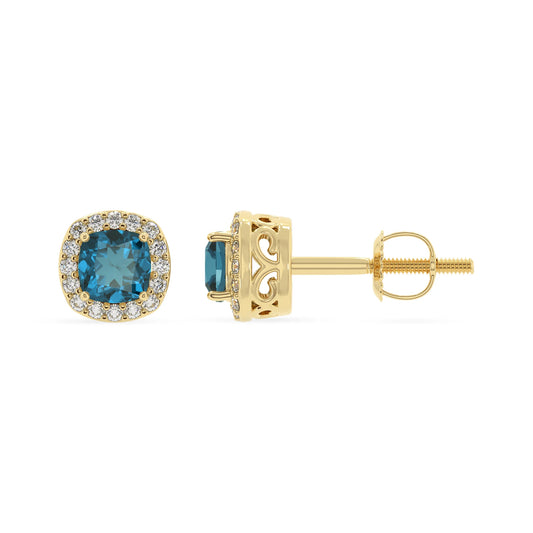 natural london blue topaz cushion stud earrings in yellow gold