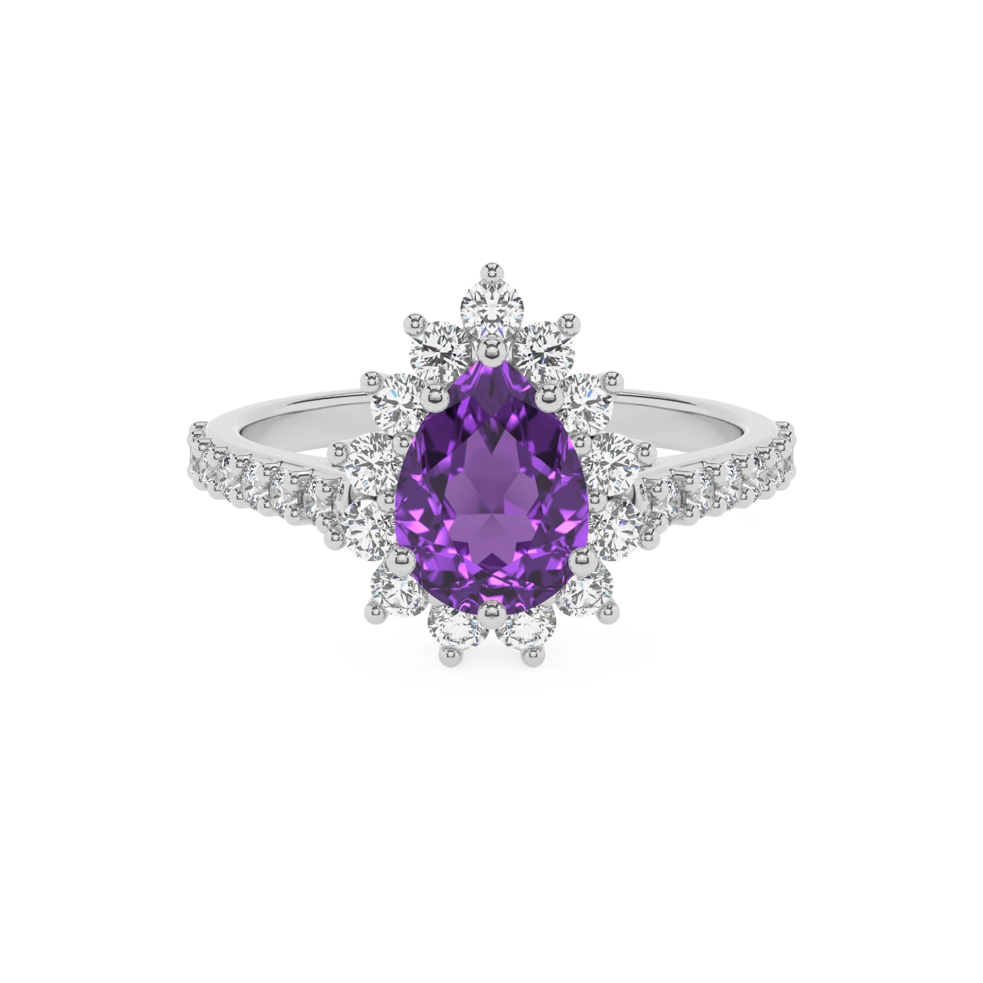 lab grown amethyst pear solitaire rings in white gold