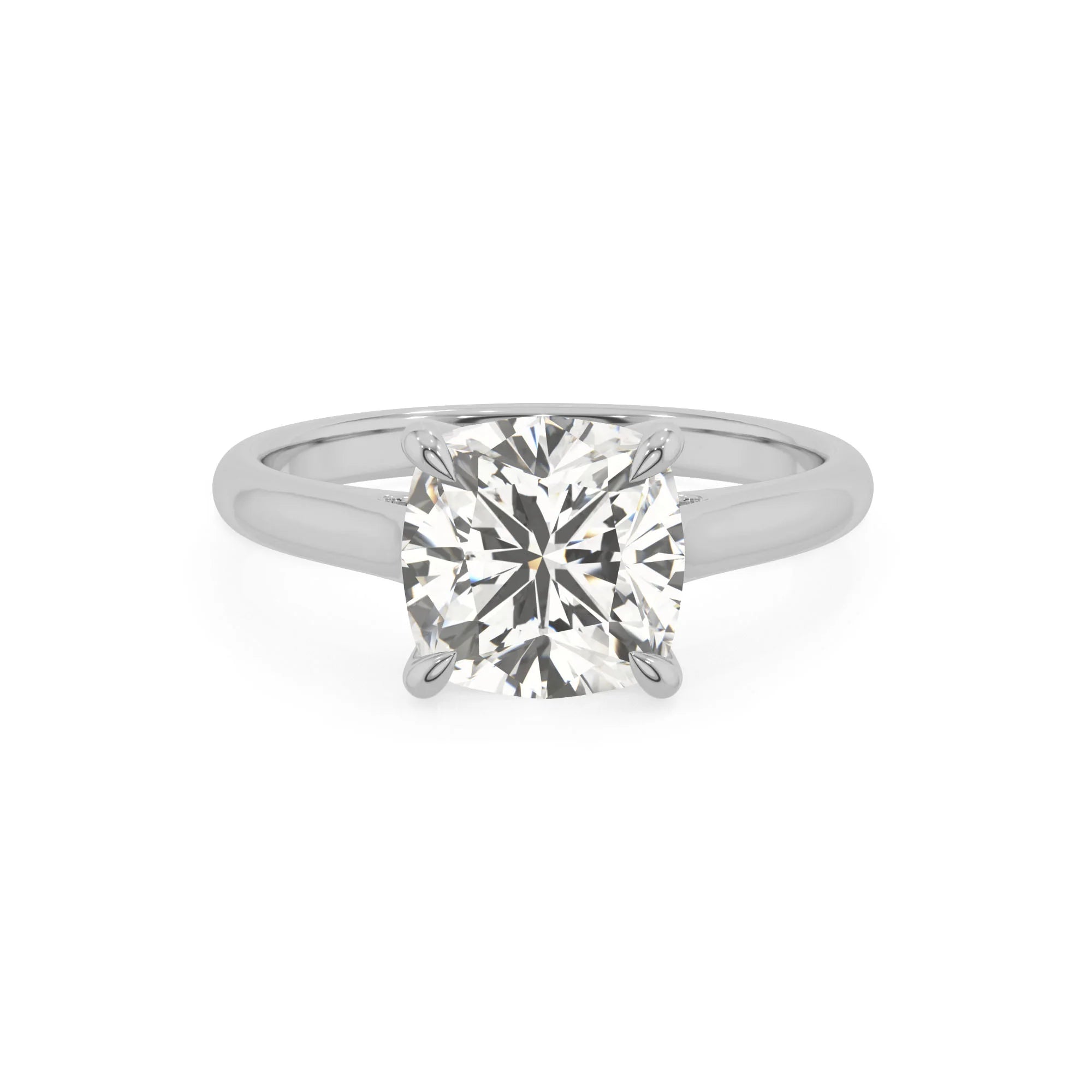 lab grown moissanite cushion solitaire rings in white gold