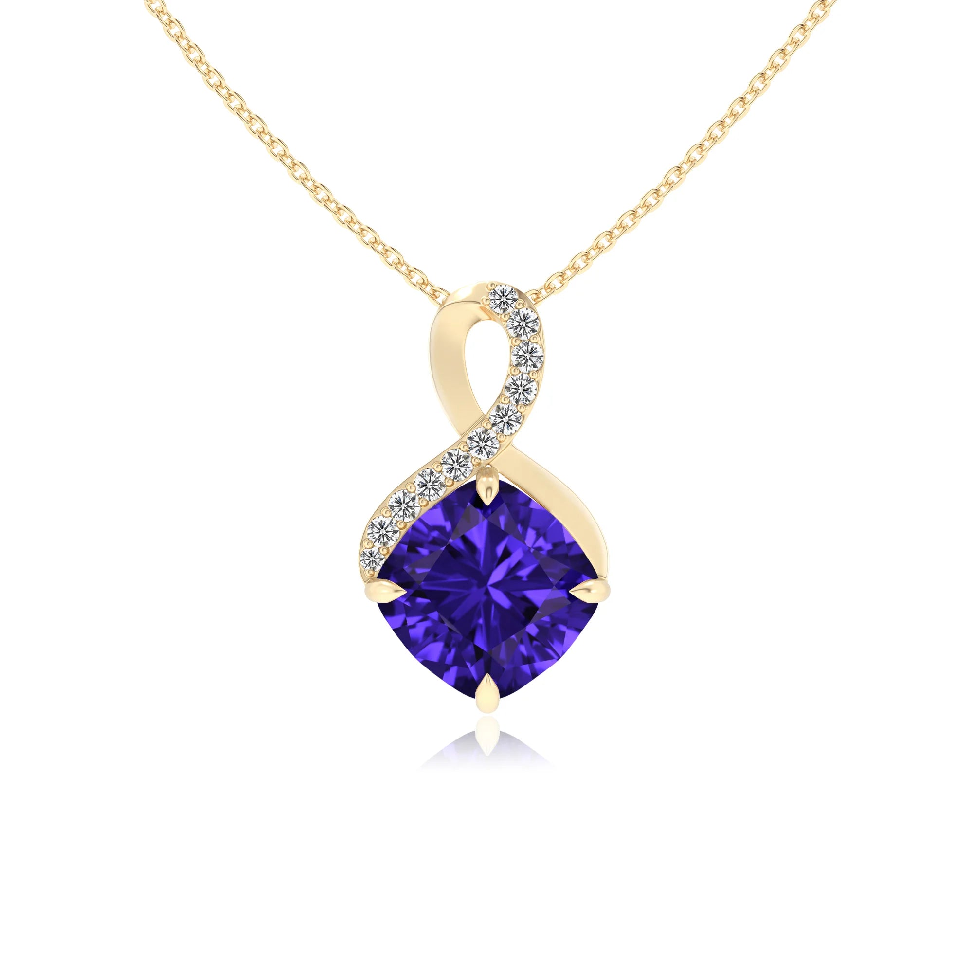 lab grown tanzanite cushion infinity necklaces in yellow gold
