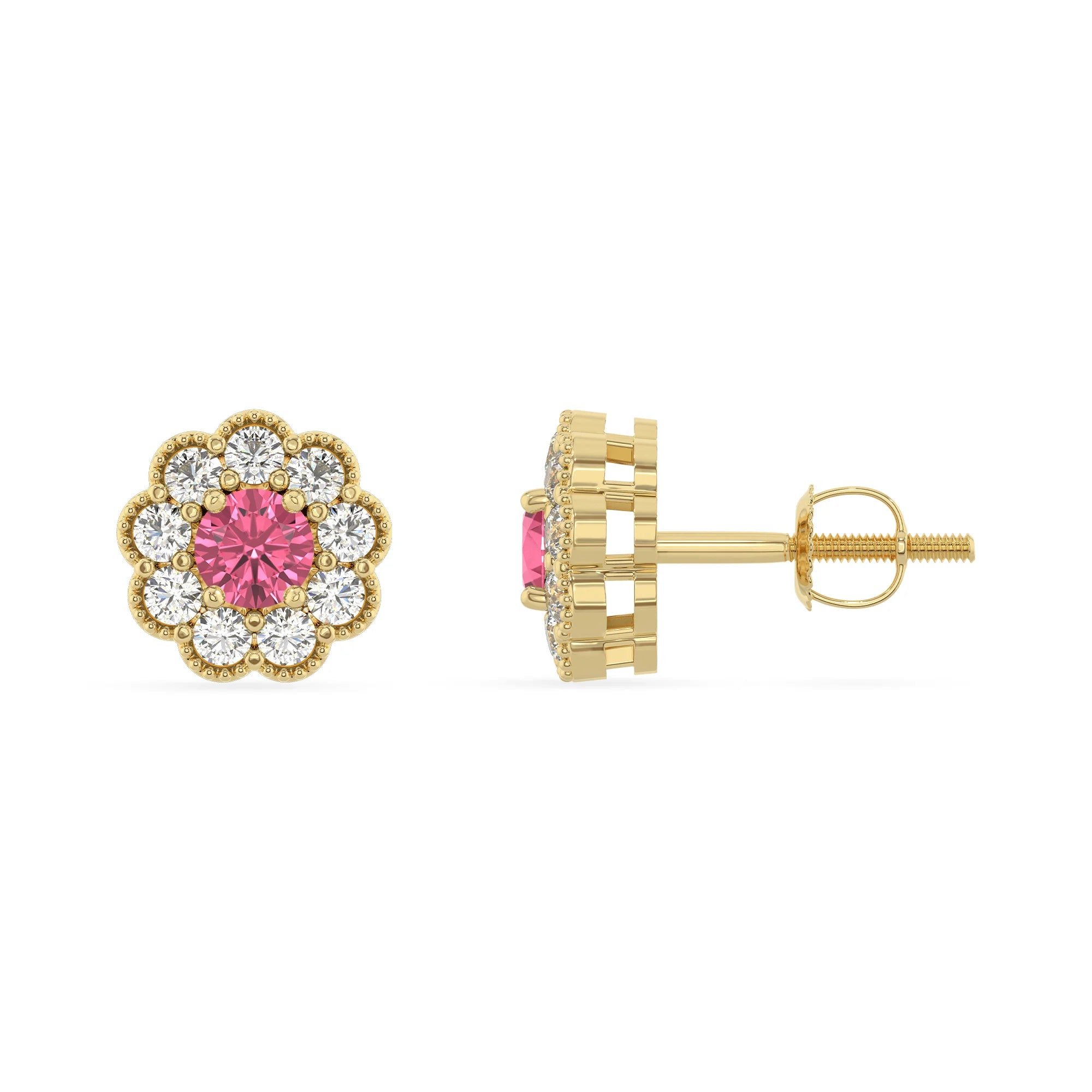 lab grown pink tourmaline round stud earrings in yellow gold