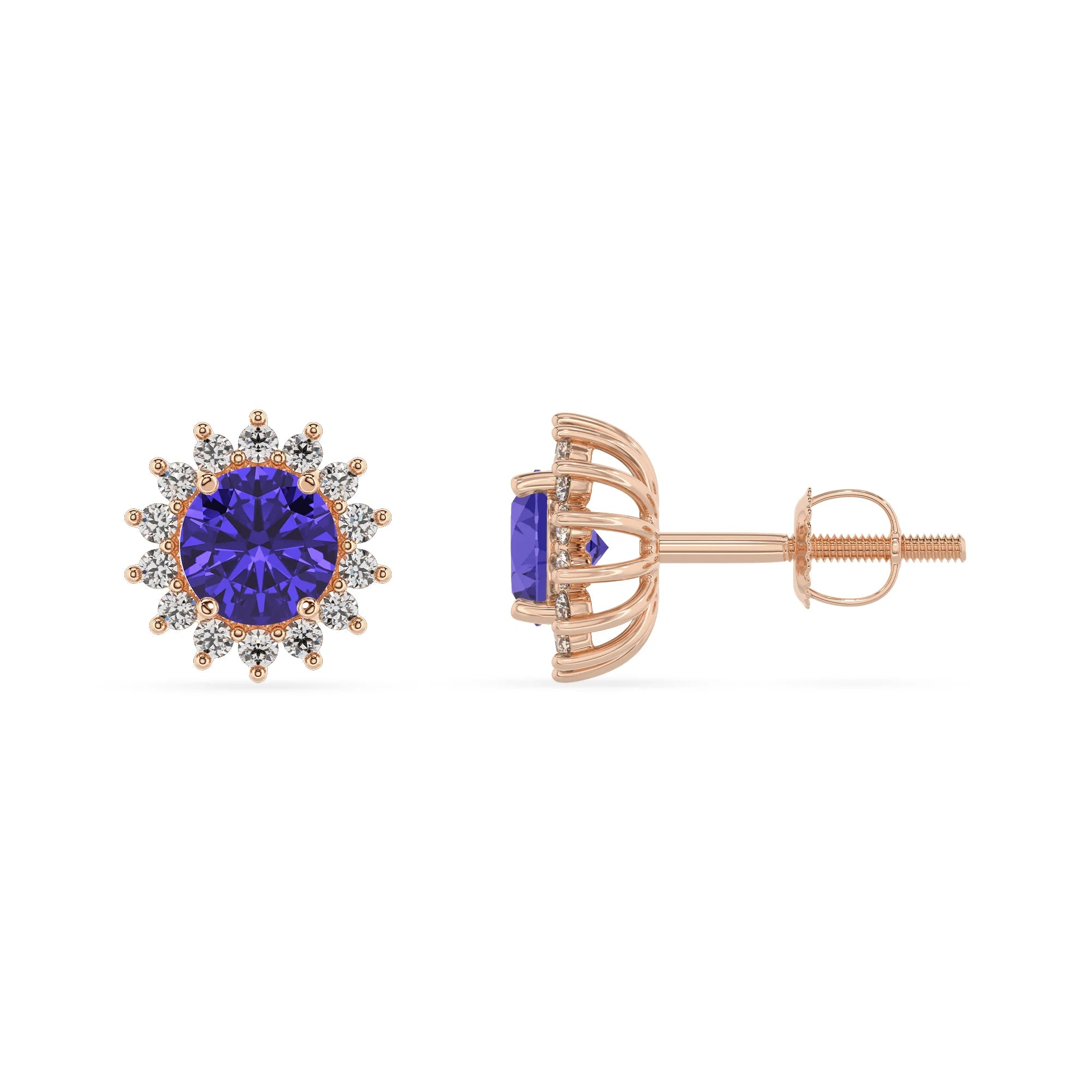 lab grown tanzanite round stud earrings in rose gold