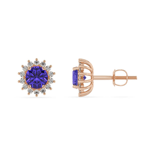 lab grown tanzanite round stud earrings in rose gold