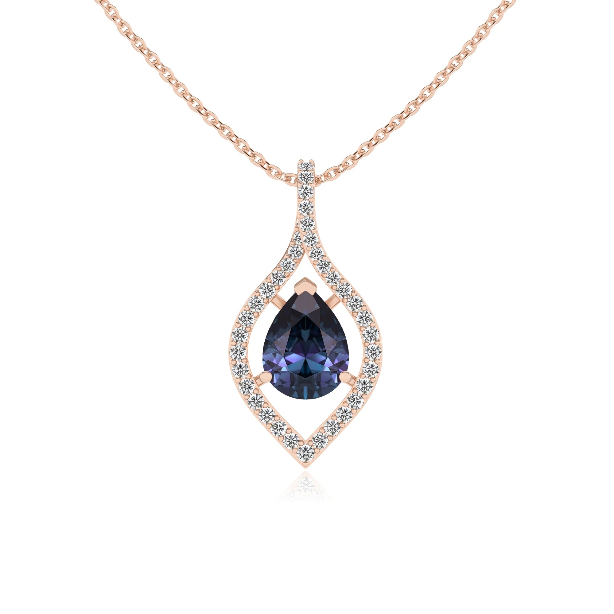 lab grown alexandrite pear infinity necklaces in rose gold
