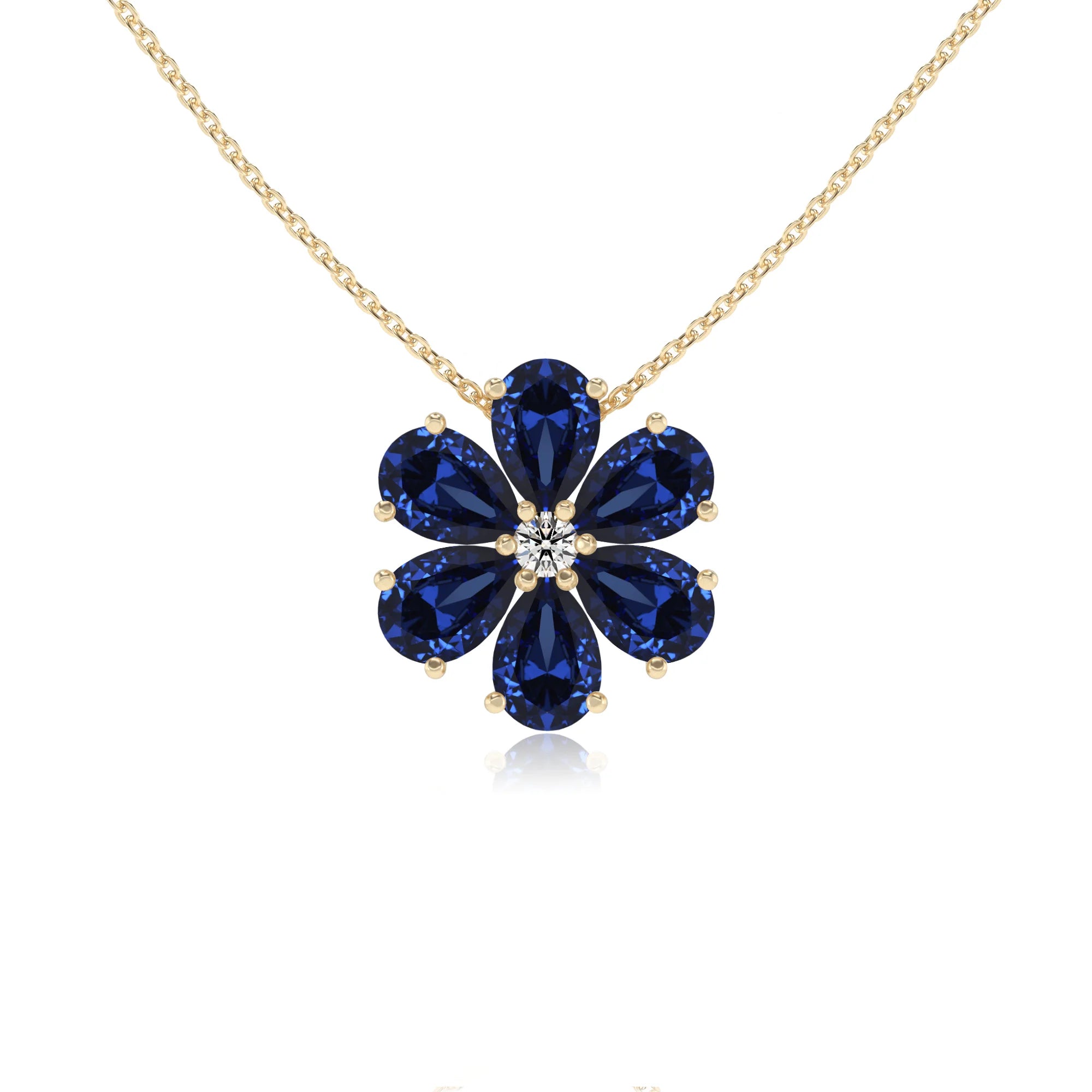 lab grown blue-sapphire pear solitaire necklaces in yellow gold