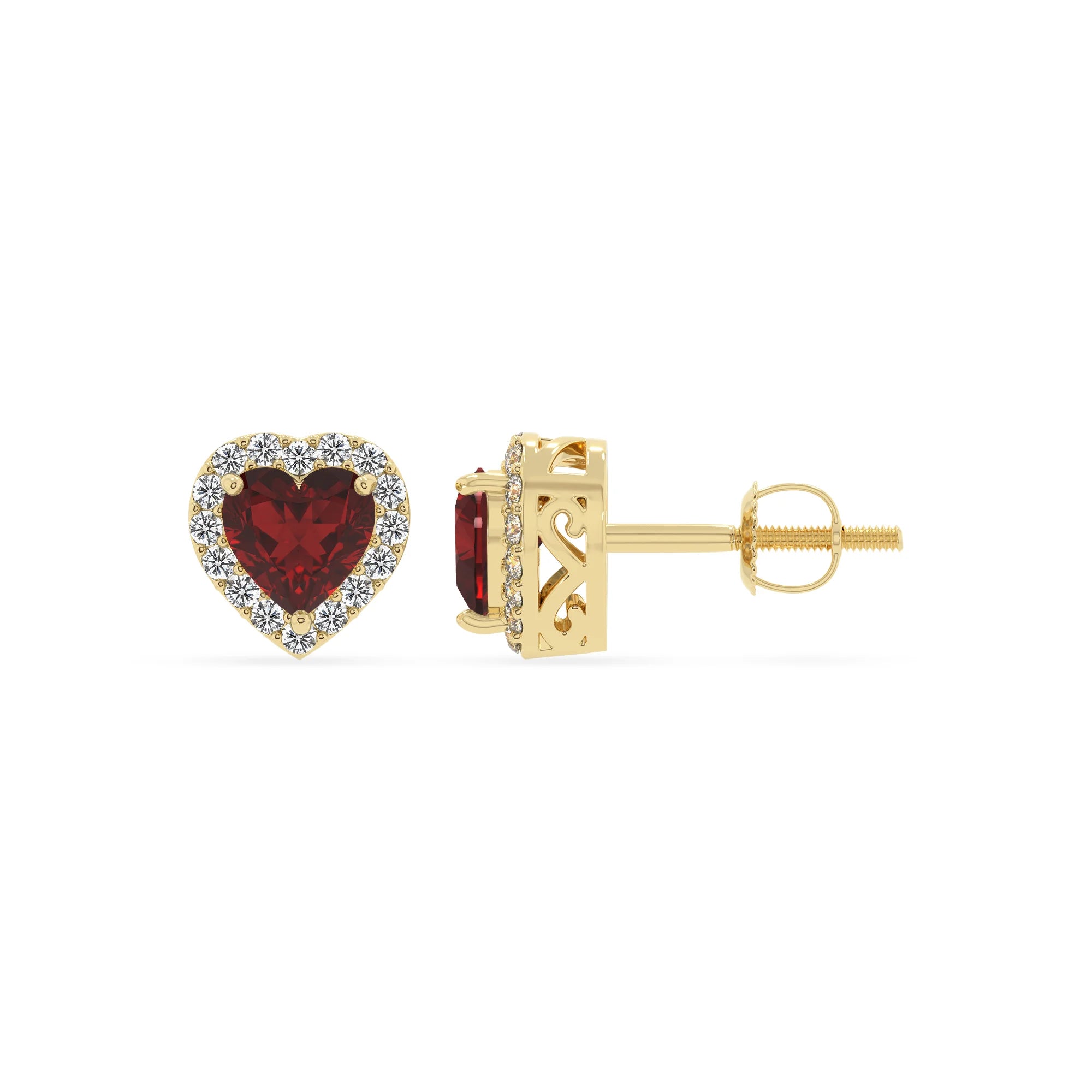 natural garnet heart stud earrings in yellow gold