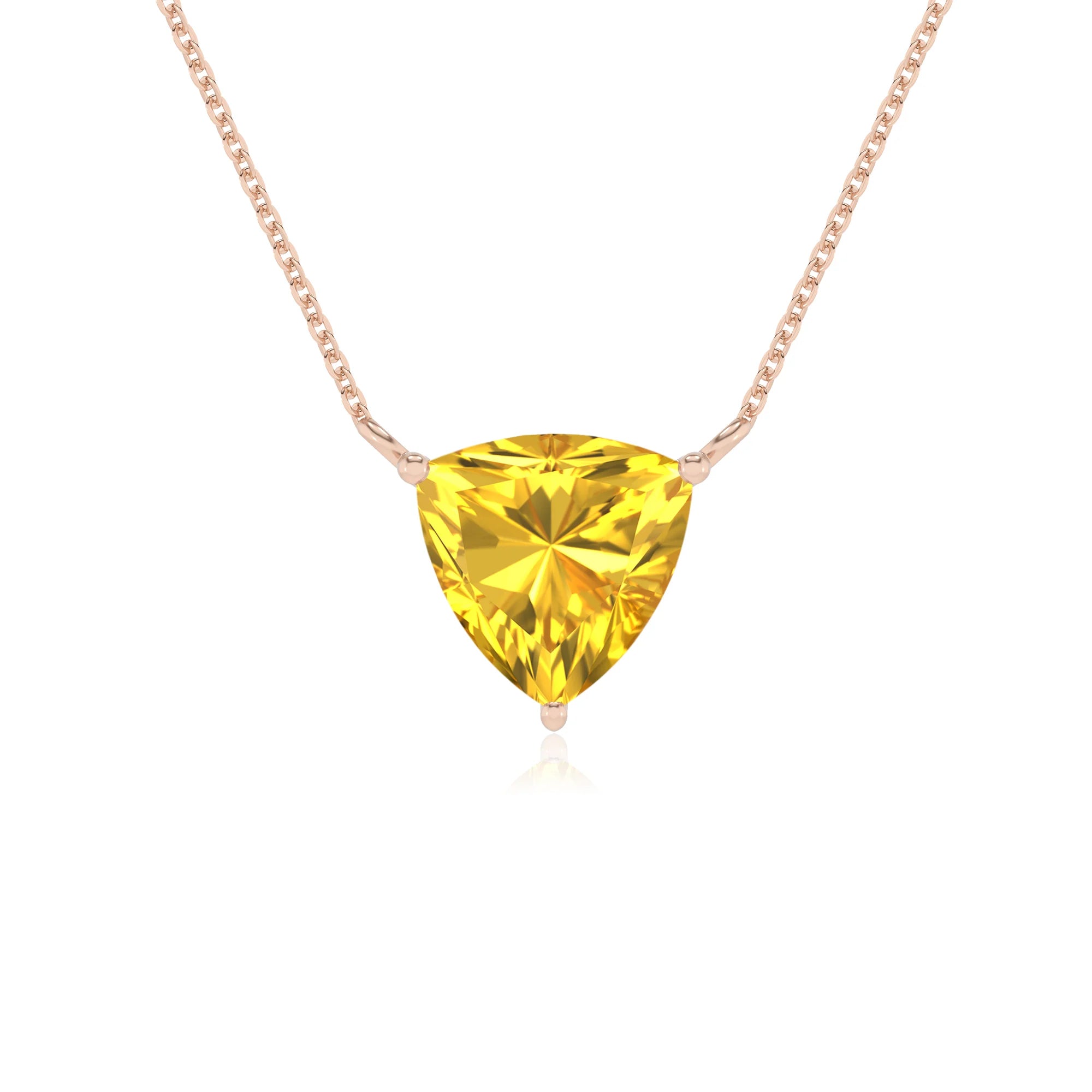 lab grown yellow-sapphire trillion solitaire necklaces in rose gold