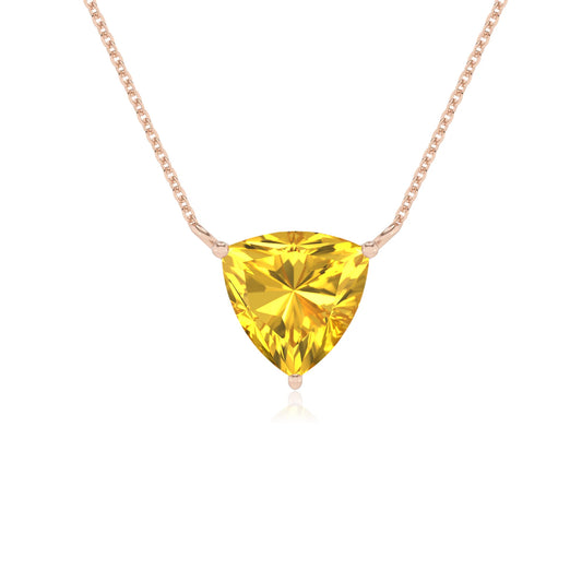 lab grown yellow-sapphire trillion solitaire necklaces in rose gold