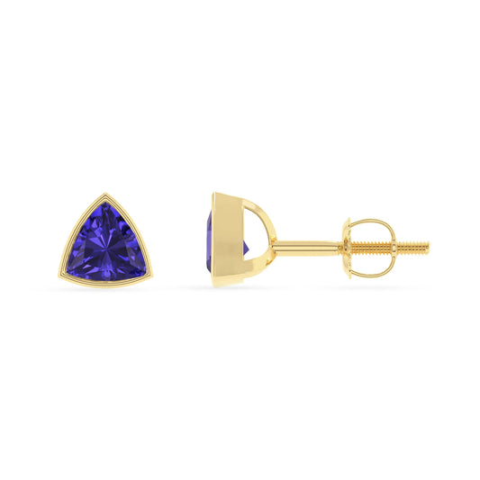 lab grown tanzanite trillion stud earrings in yellow gold